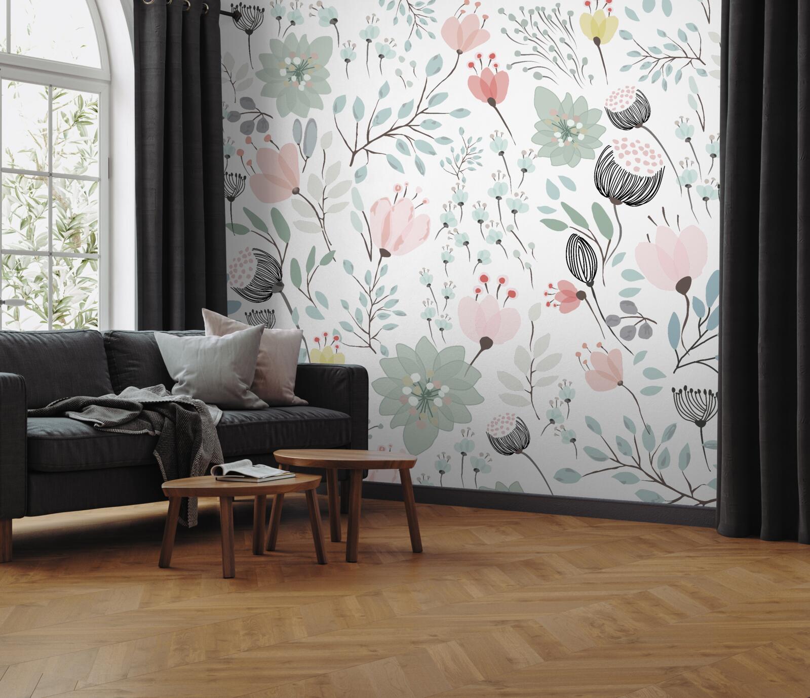 Fotobehang bloemen in roze en groene tinten