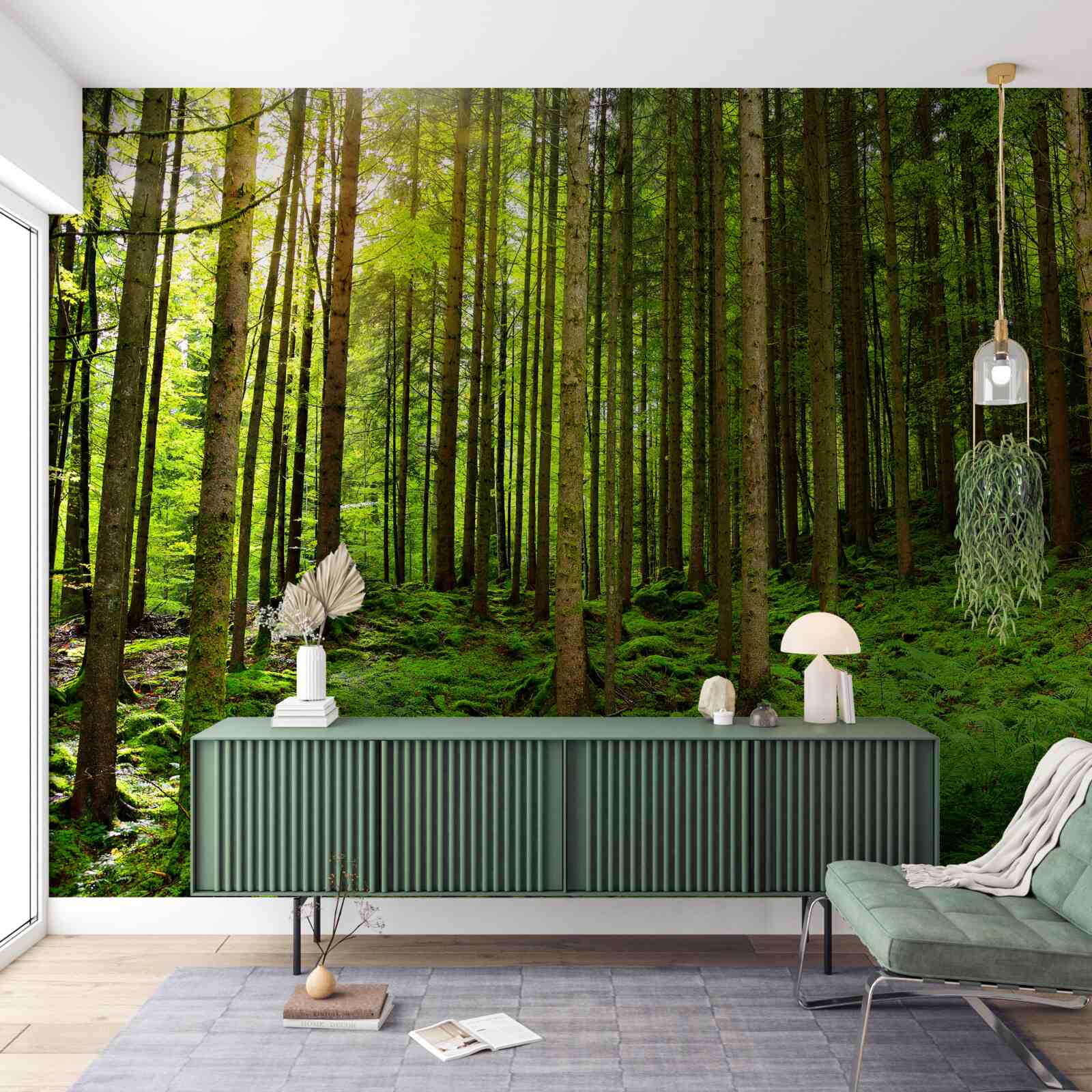 Fotobehang de zonnestralen dringen door het bos