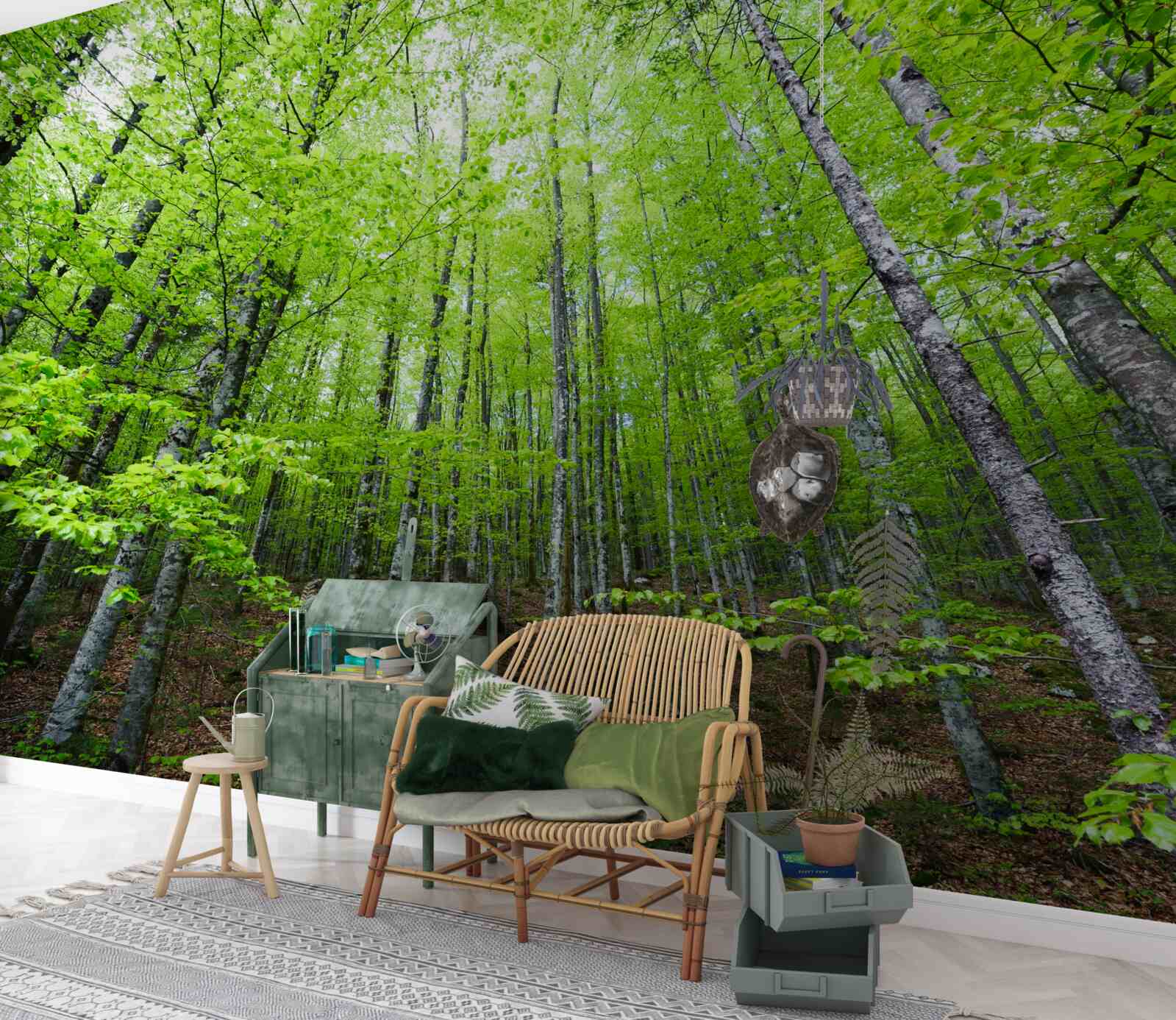 Fotobehang de groene kronen van de bomen in het bos schijnen helder