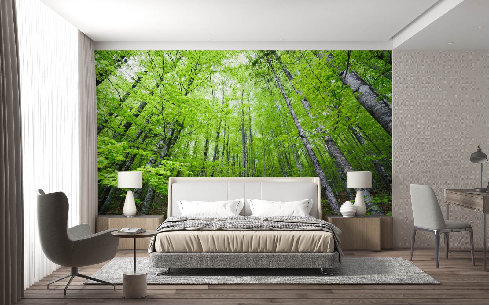 Fotobehang de groene kronen van de bomen in het bos schijnen helder