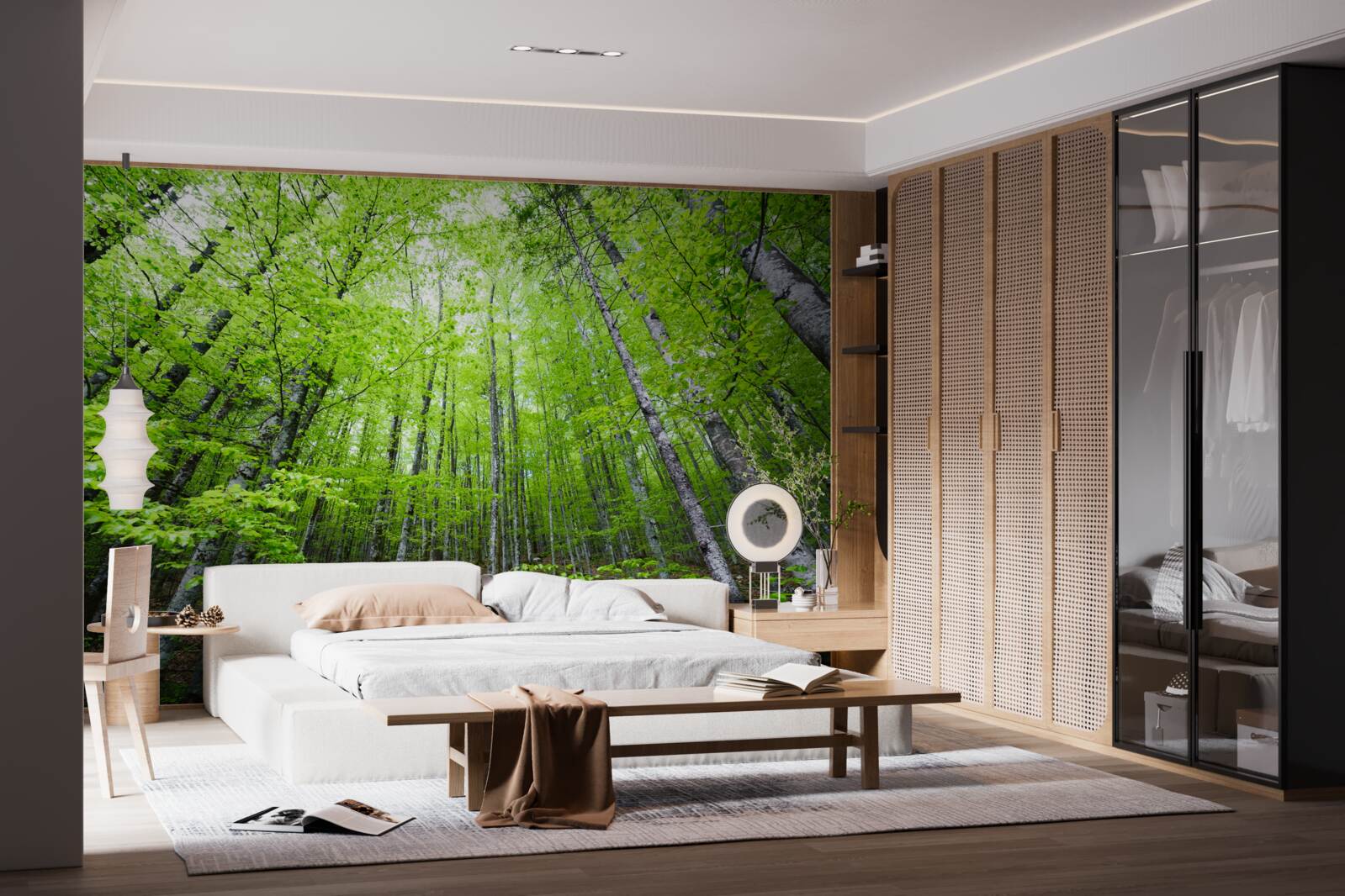 Fotobehang de groene kronen van de bomen in het bos schijnen helder