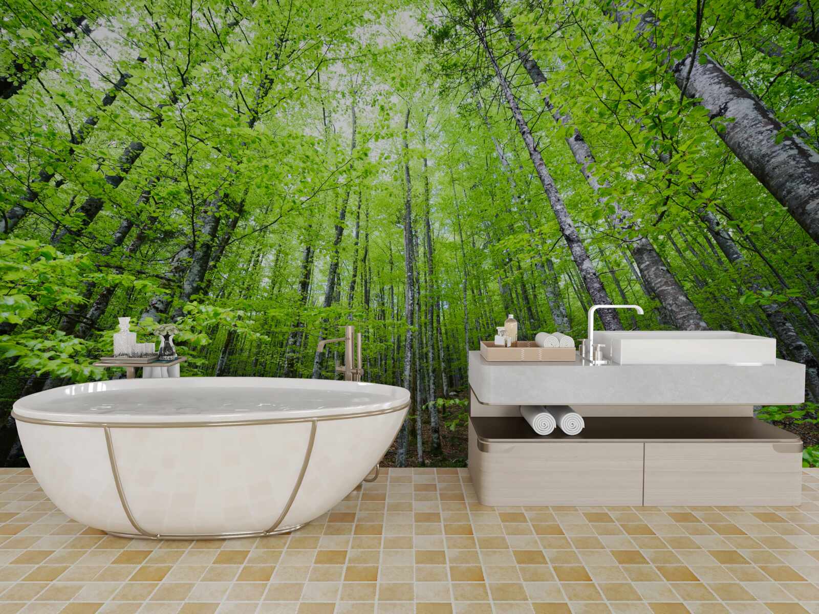 Fotobehang de groene kronen van de bomen in het bos schijnen helder