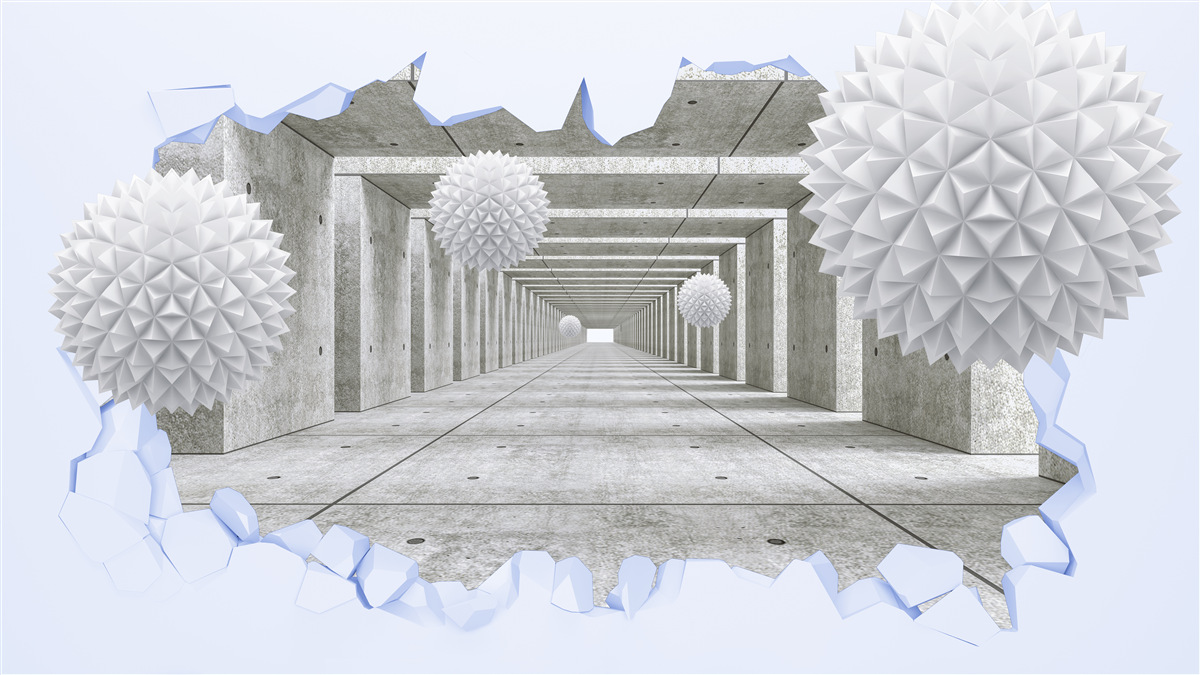 Fotobehang scherpe tunnel met drijvende ballen