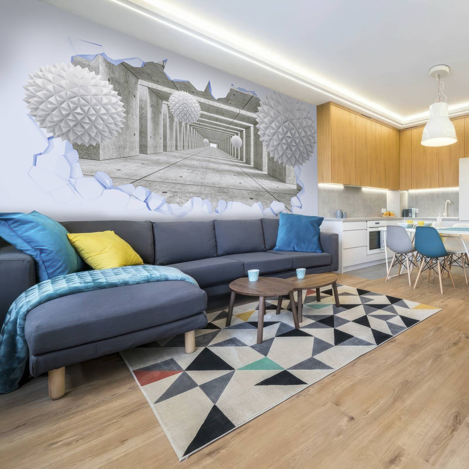 Fotobehang scherpe tunnel met drijvende ballen