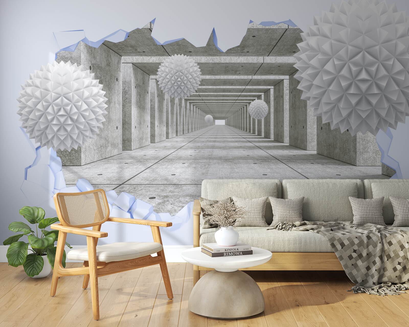 Fotobehang scherpe tunnel met drijvende ballen