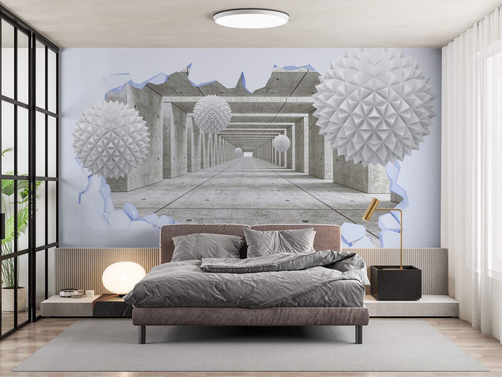 Fotobehang scherpe tunnel met drijvende ballen