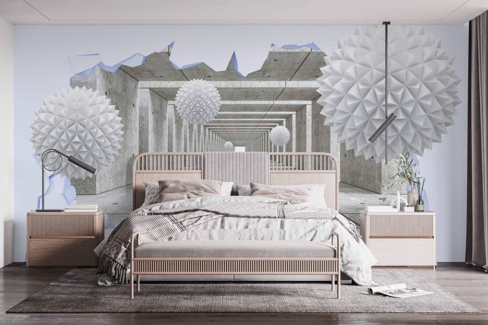 Fotobehang scherpe tunnel met drijvende ballen