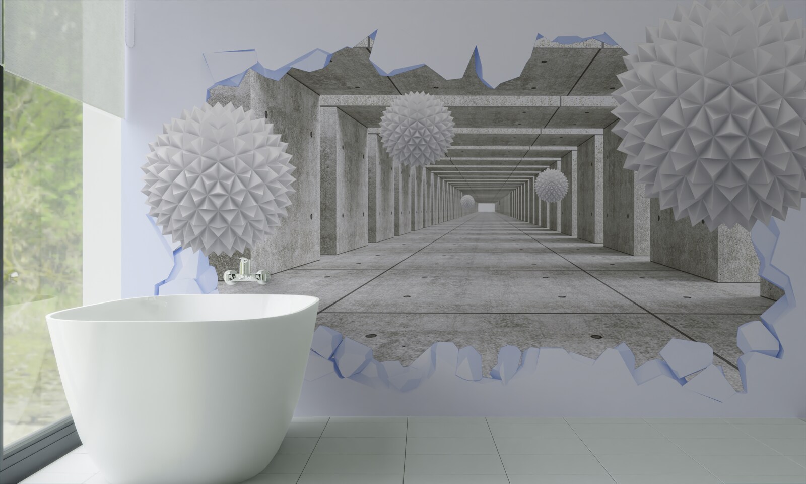 Fotobehang scherpe tunnel met drijvende ballen