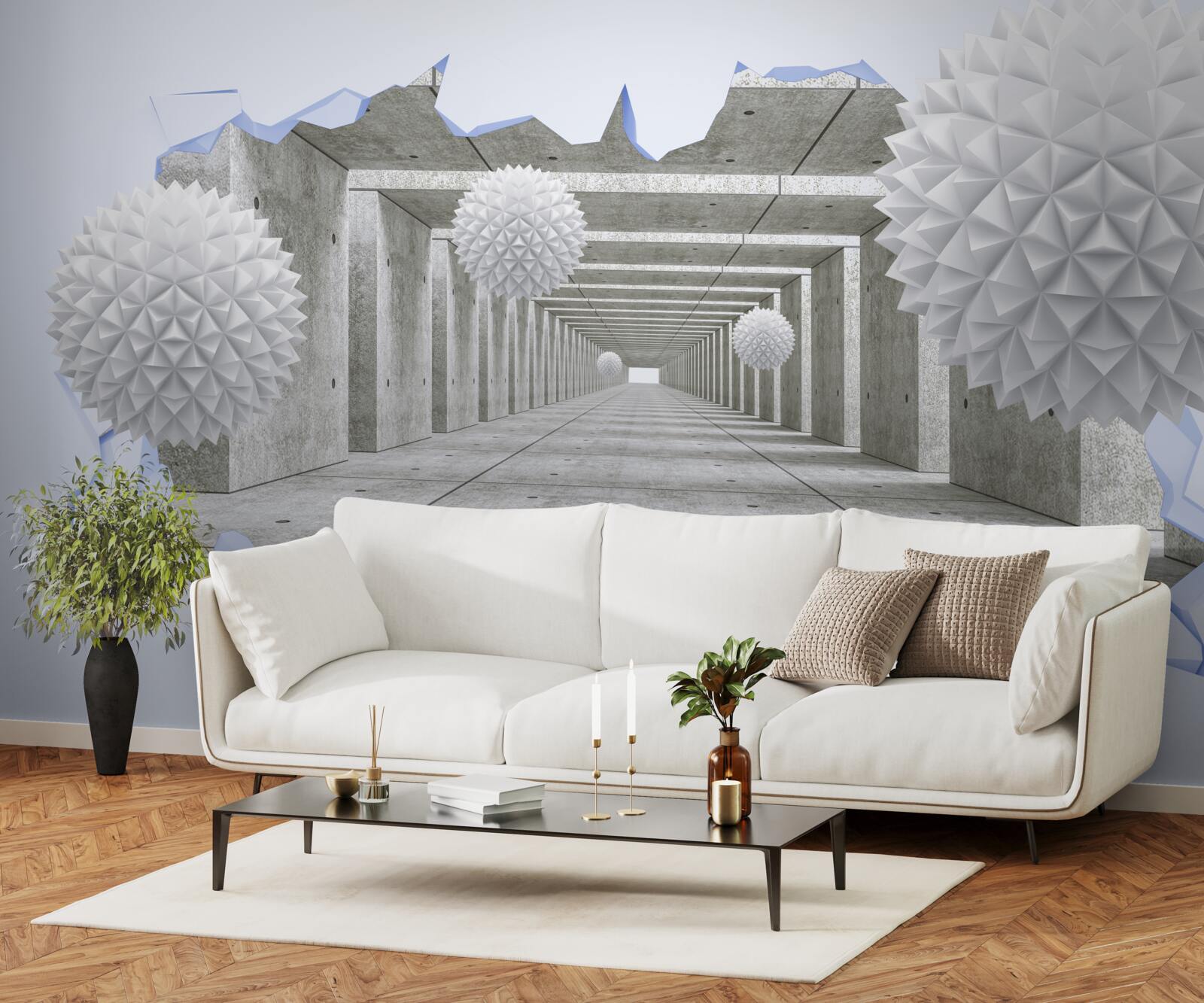 Fotobehang scherpe tunnel met drijvende ballen