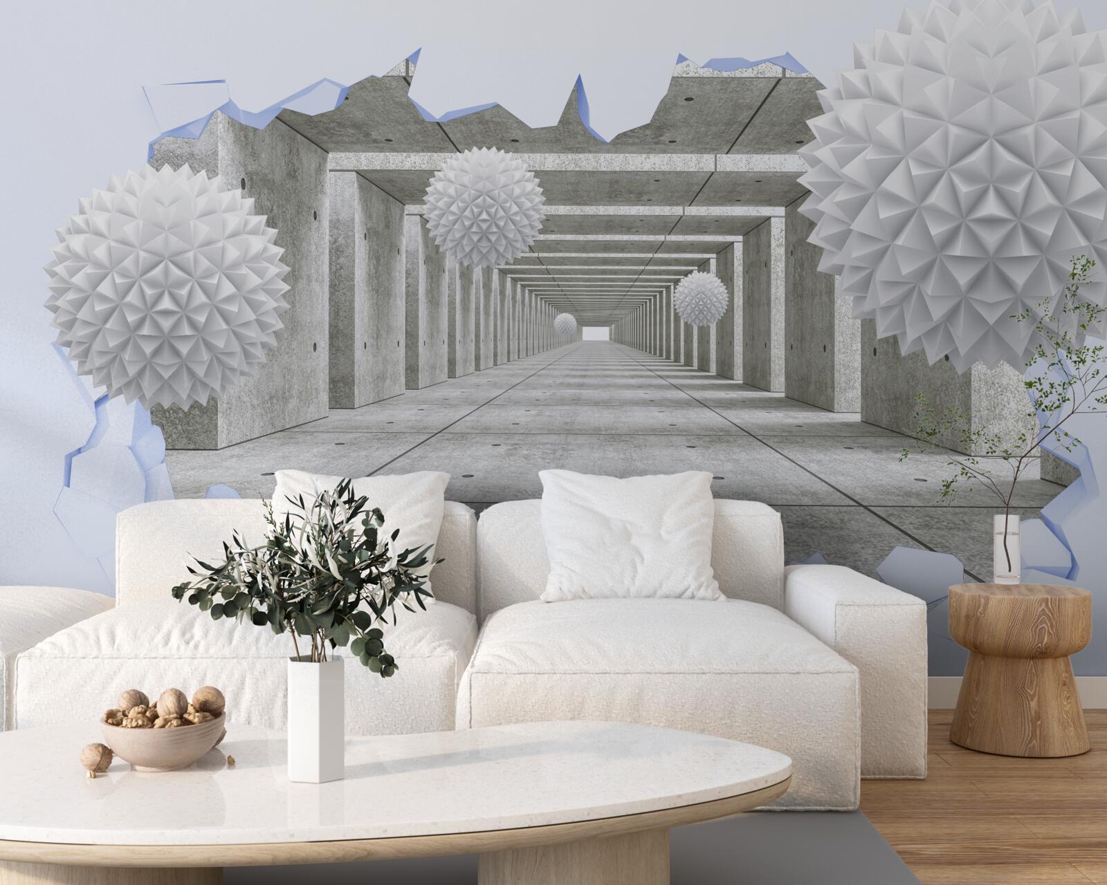 Fotobehang scherpe tunnel met drijvende ballen