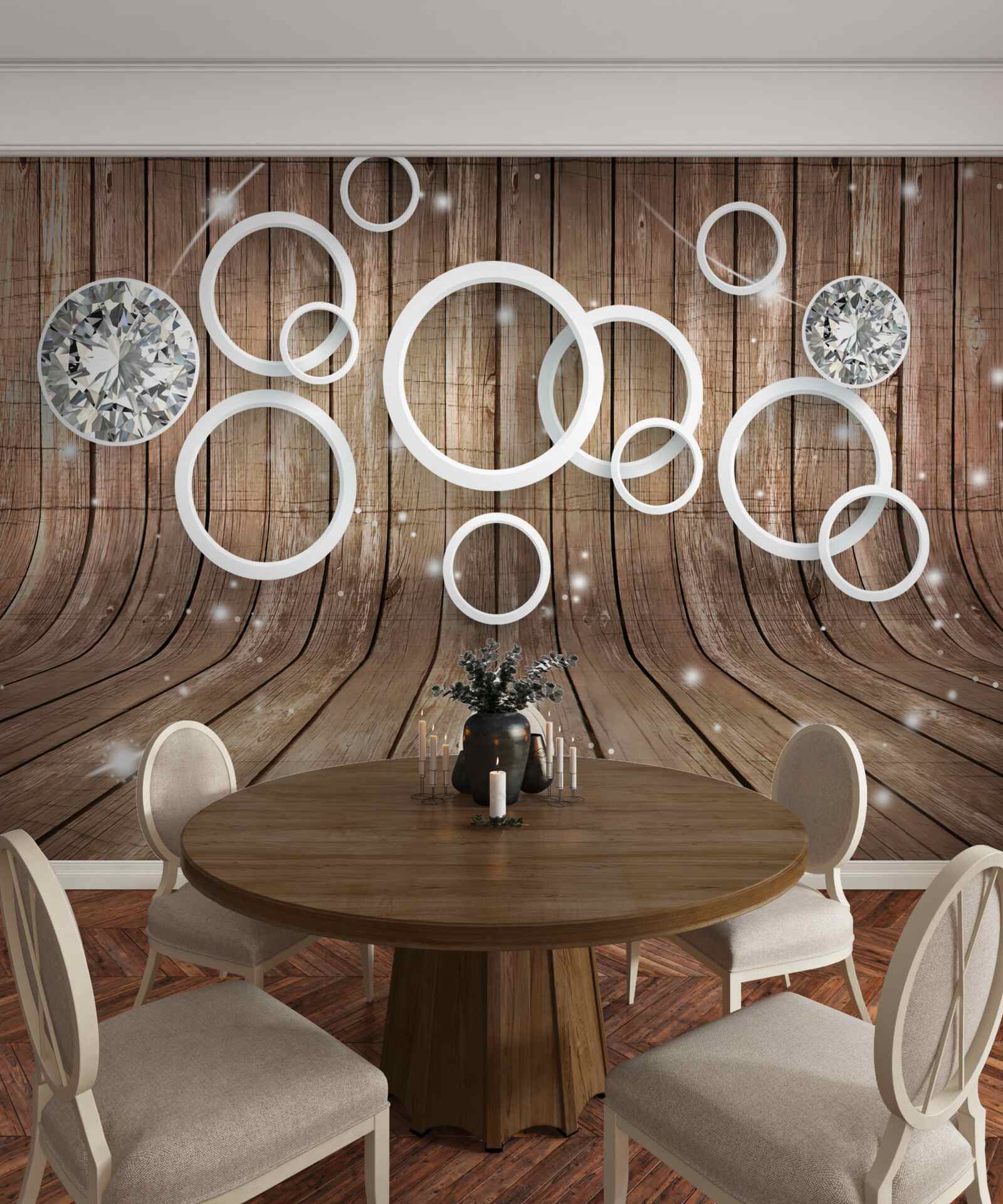 Fotobehang houtstructuur en witte cirkels