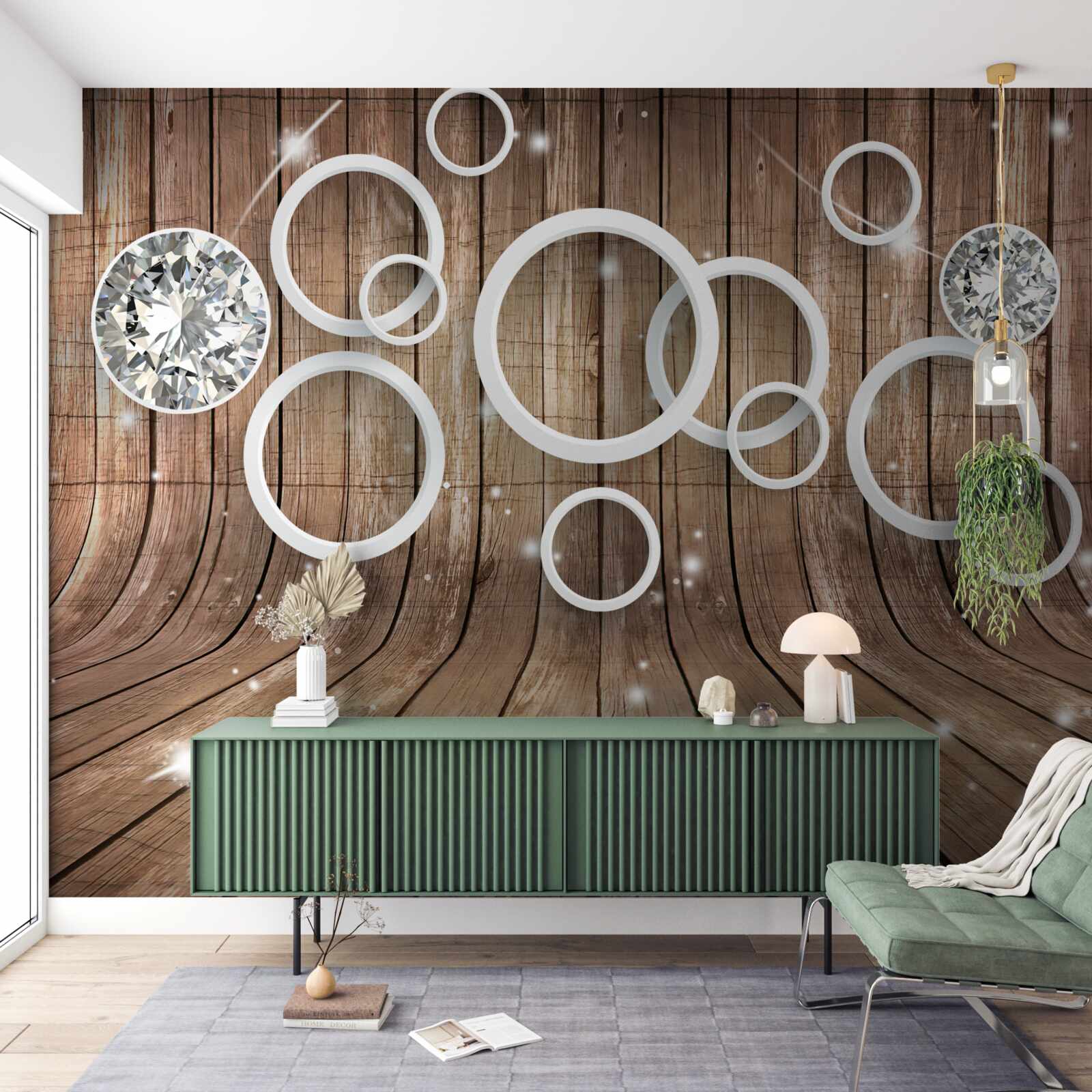 Fotobehang houtstructuur en witte cirkels