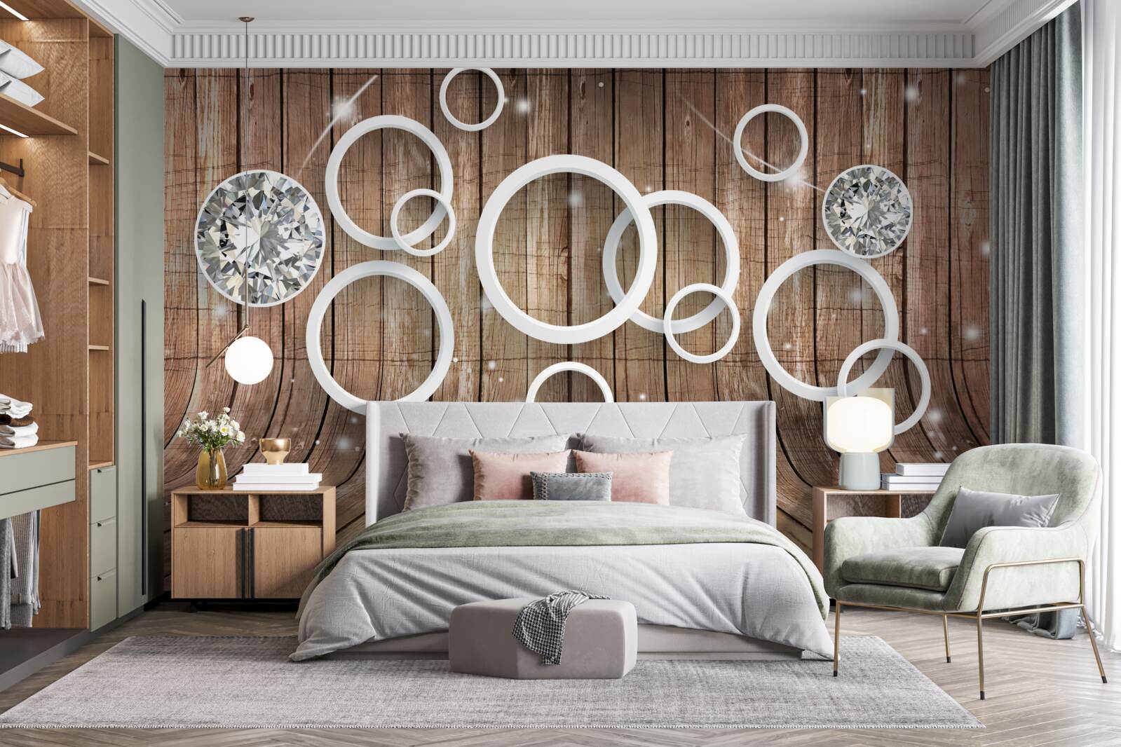 Fotobehang houtstructuur en witte cirkels