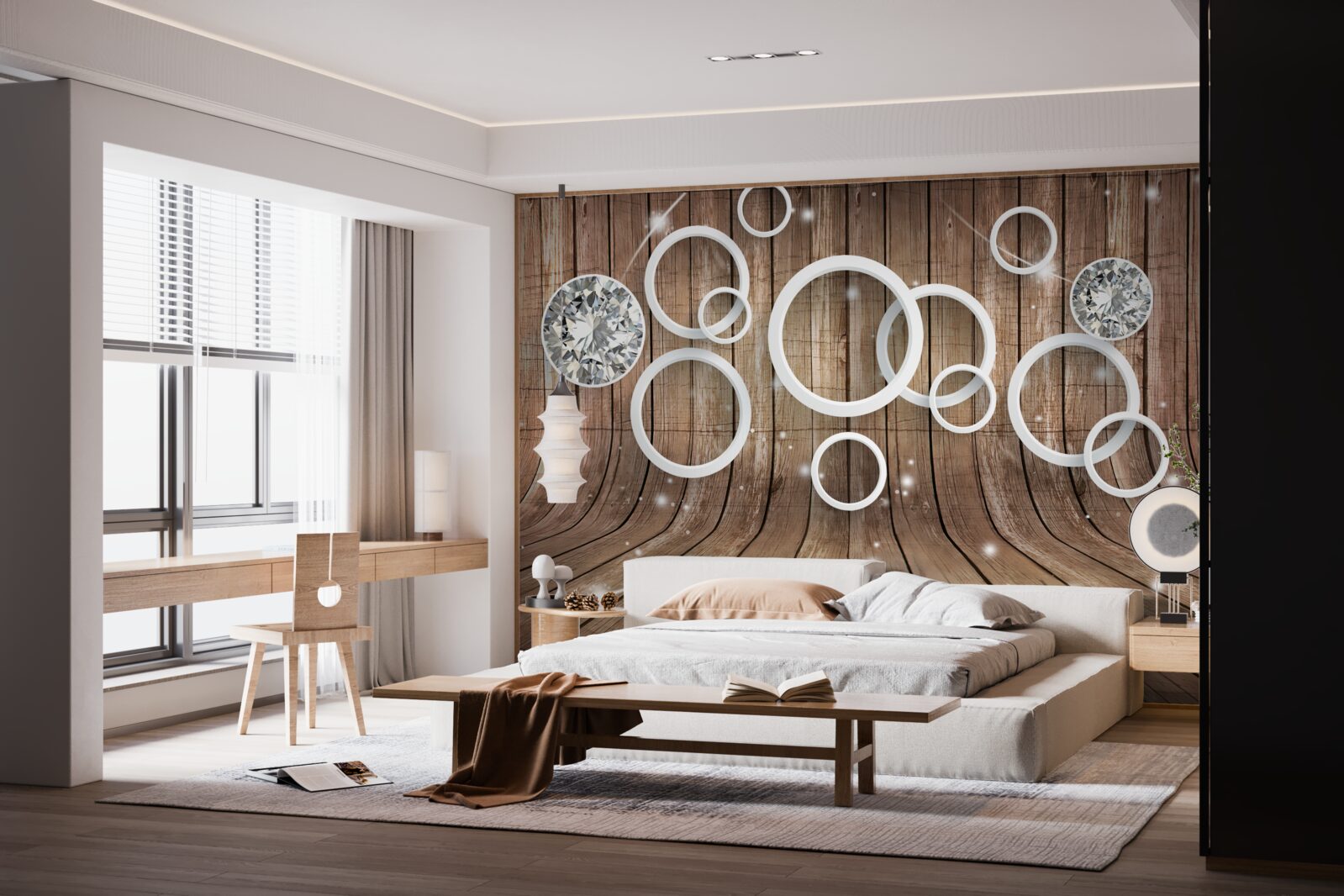 Fotobehang houtstructuur en witte cirkels