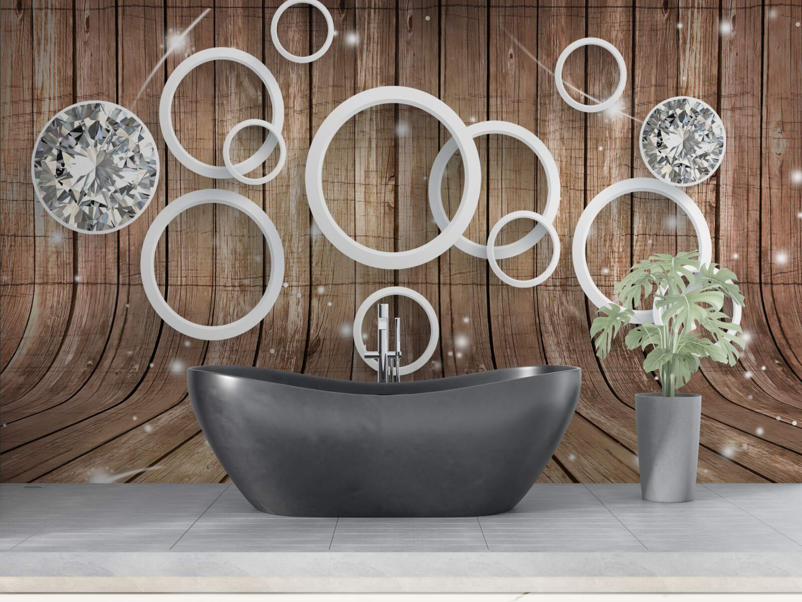 Fotobehang houtstructuur en witte cirkels