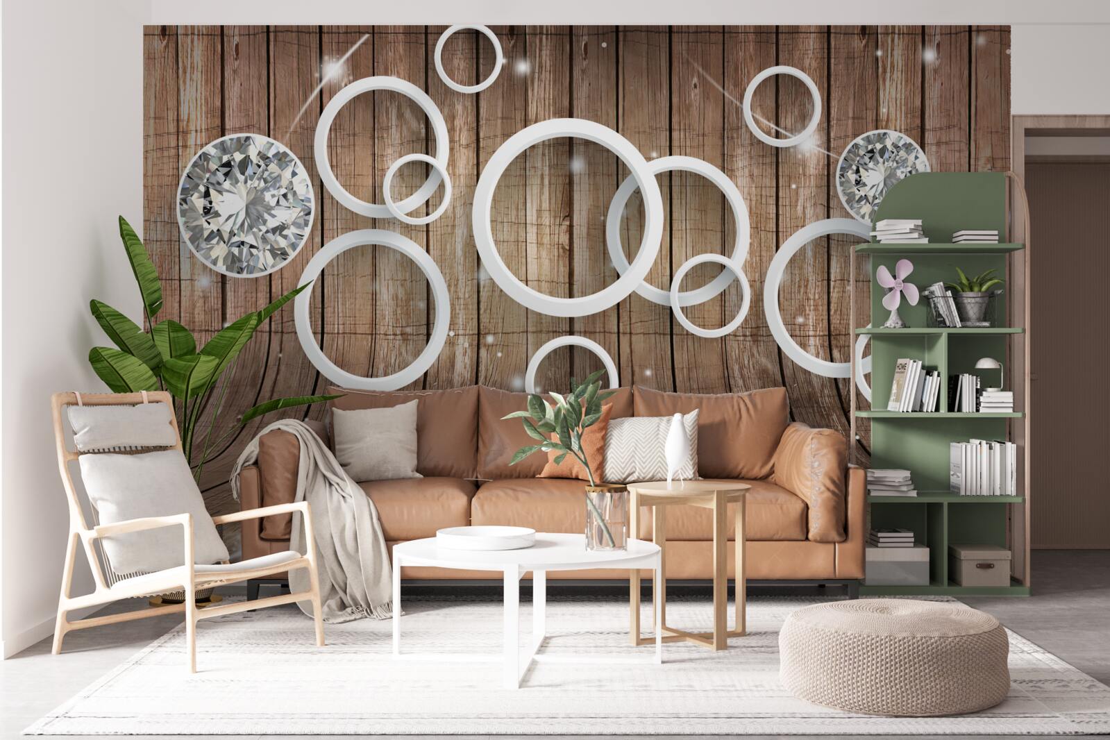 Fotobehang houtstructuur en witte cirkels