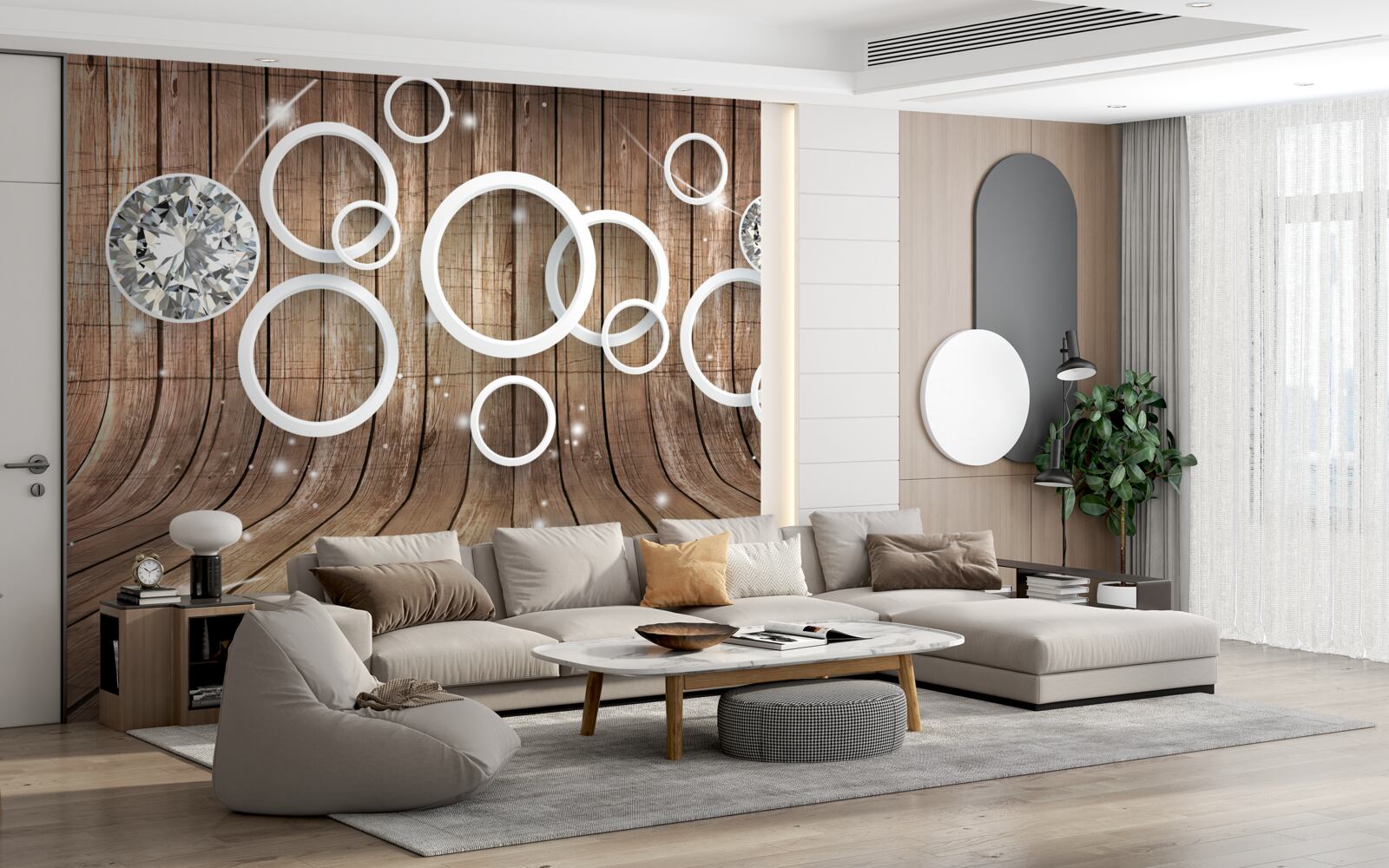 Fotobehang houtstructuur en witte cirkels