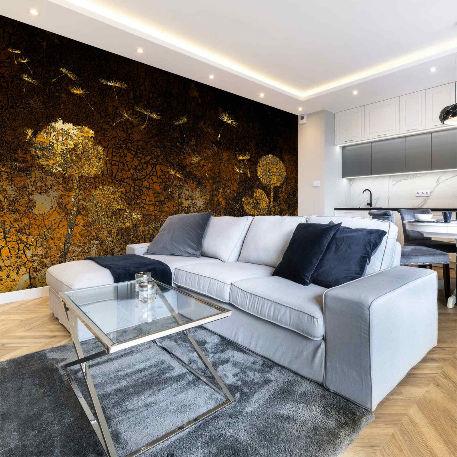 Fotobehang 's nachts wiegt de wind de paardenbloemen