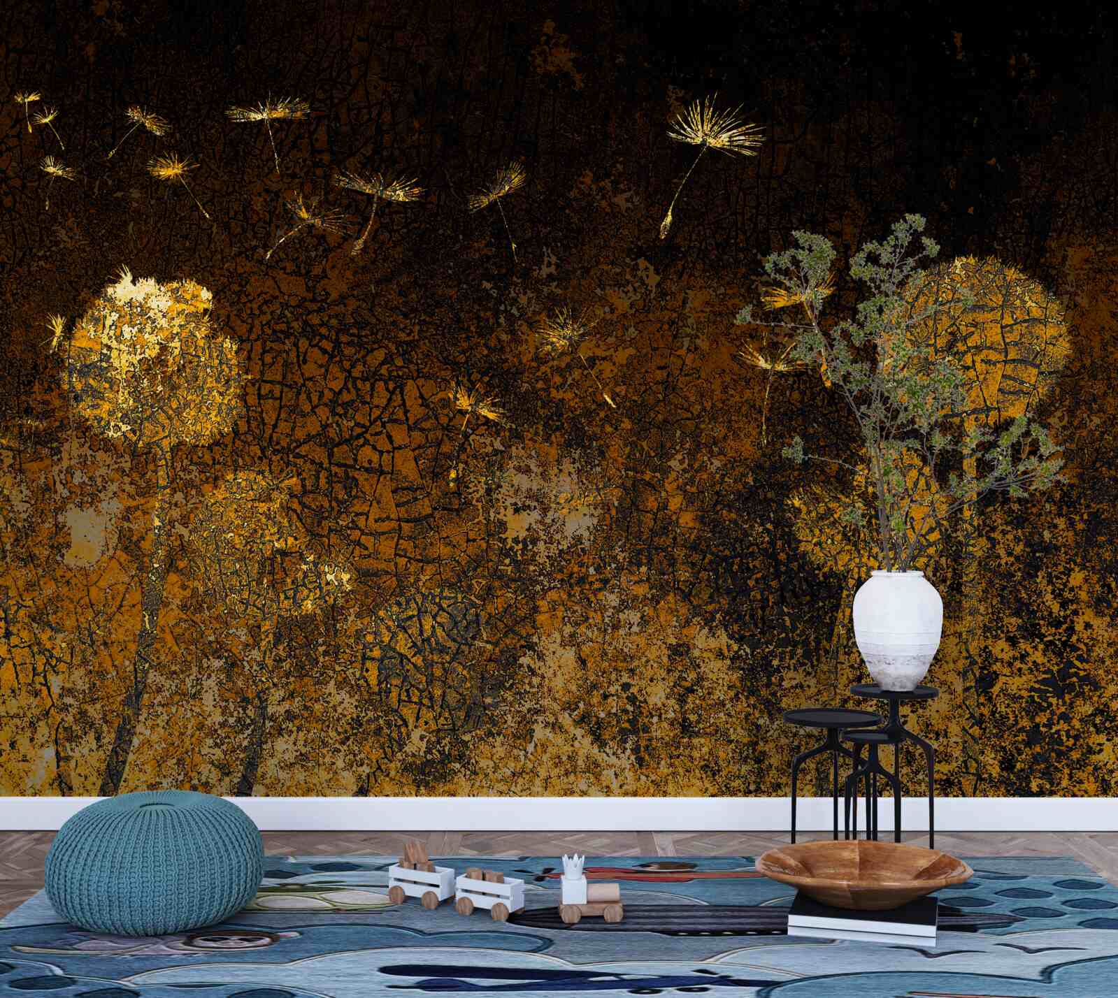 Fotobehang 's nachts wiegt de wind de paardenbloemen