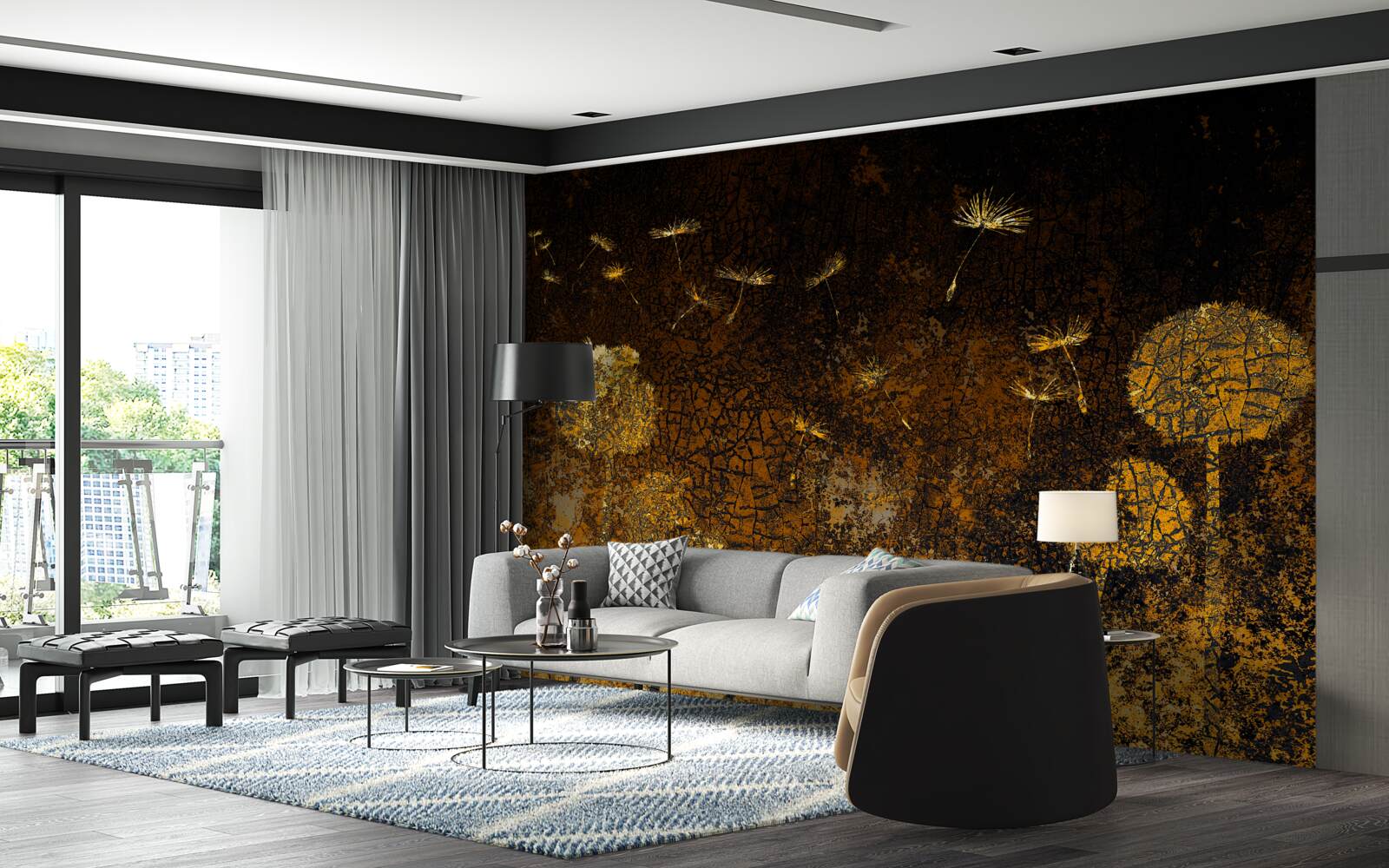 Fotobehang 's nachts wiegt de wind de paardenbloemen