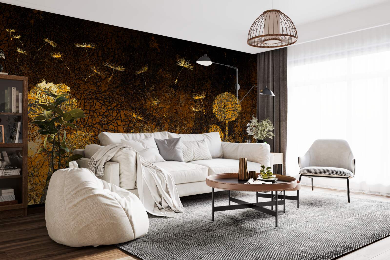 Fotobehang 's nachts wiegt de wind de paardenbloemen