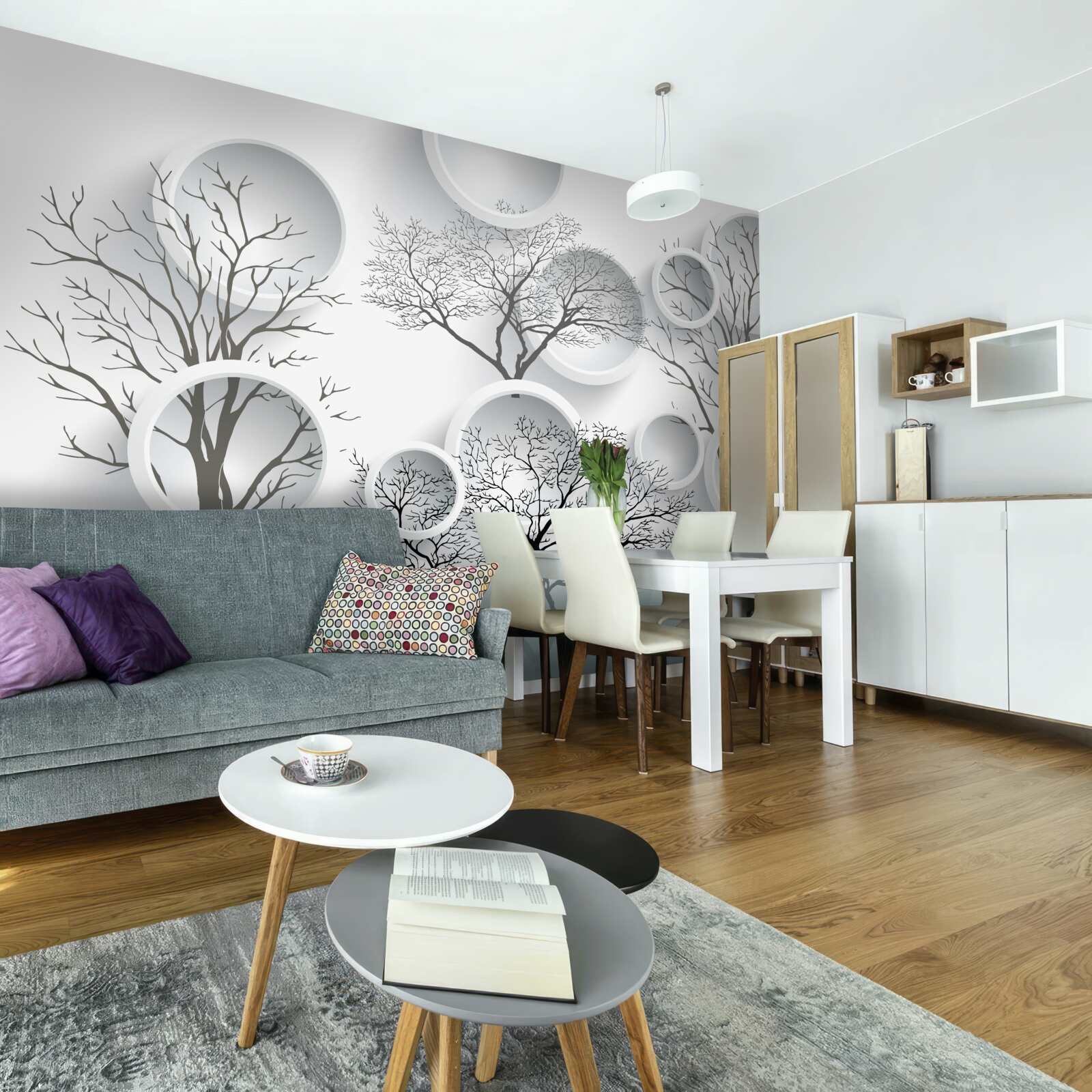 Fotobehang witte cirkels en bomen