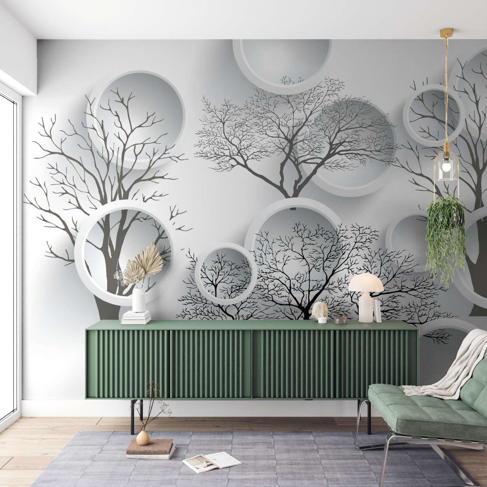 Fotobehang witte cirkels en bomen