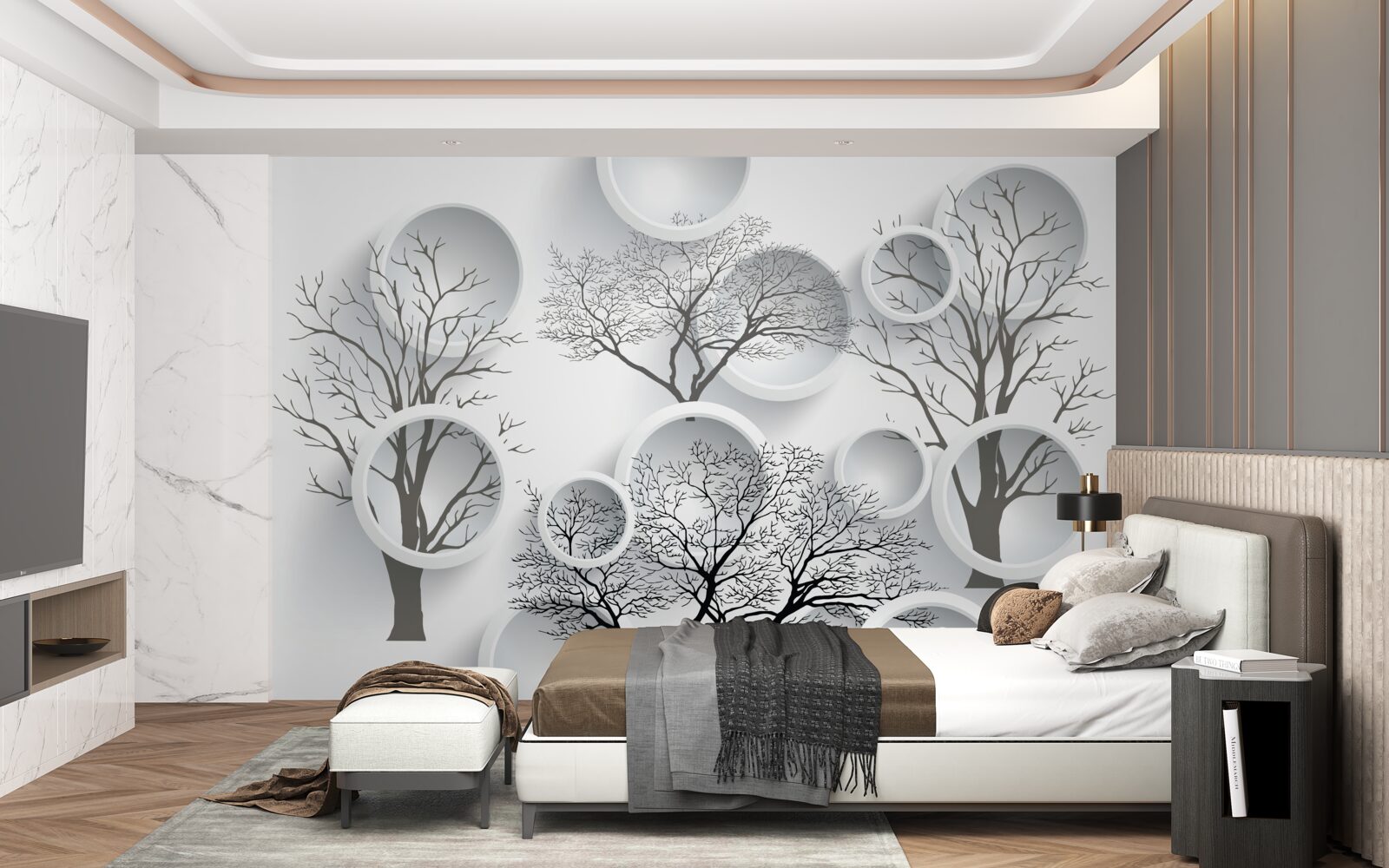 Fotobehang witte cirkels en bomen