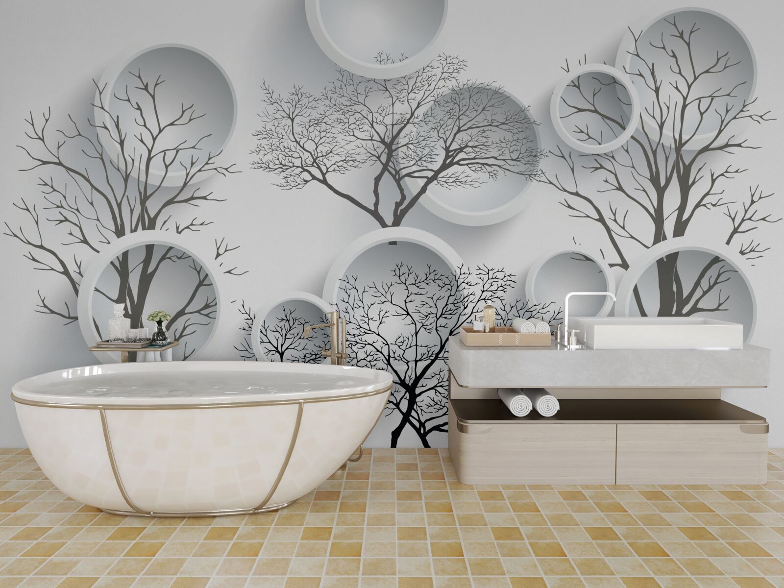 Fotobehang witte cirkels en bomen