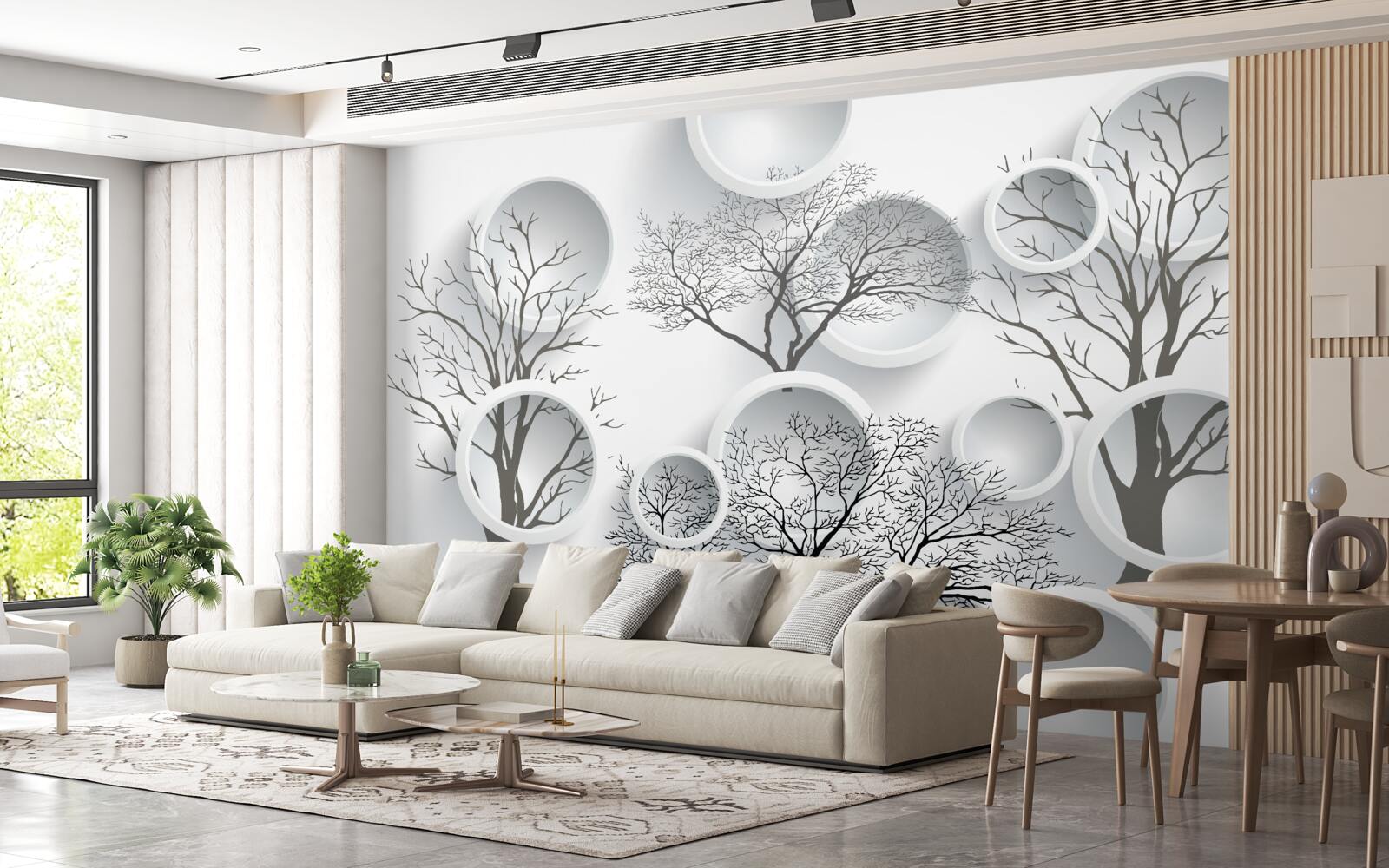 Fotobehang witte cirkels en bomen