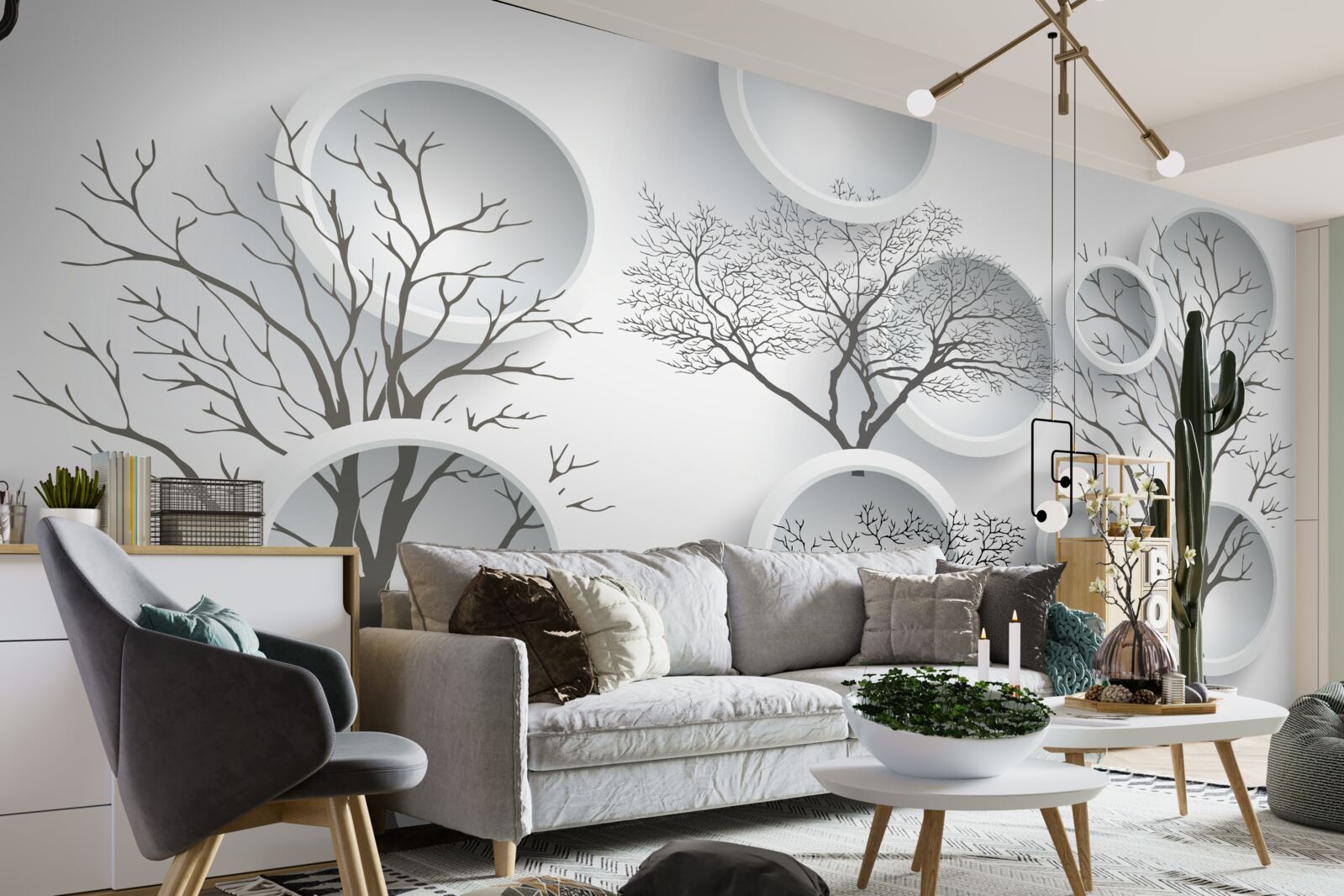 Fotobehang witte cirkels en bomen