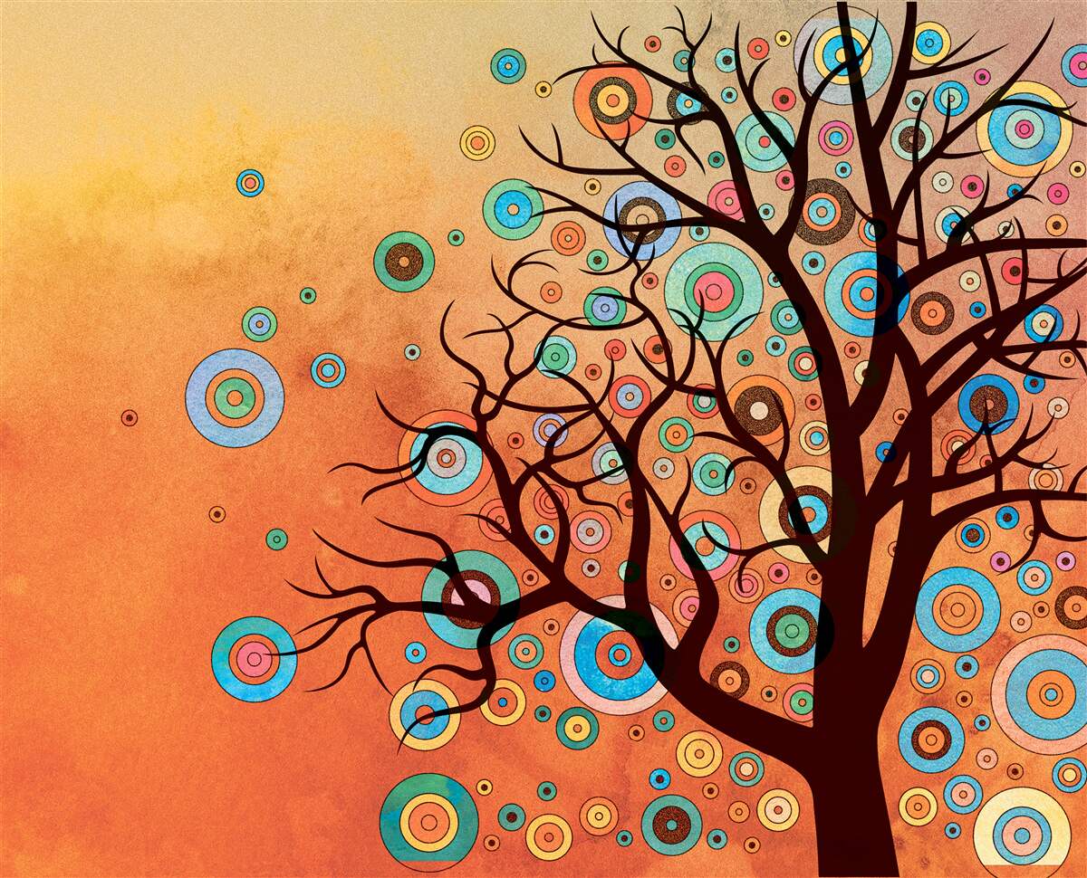 Fotobehang abstracte stijl boom tegen een zonsondergang achtergrond