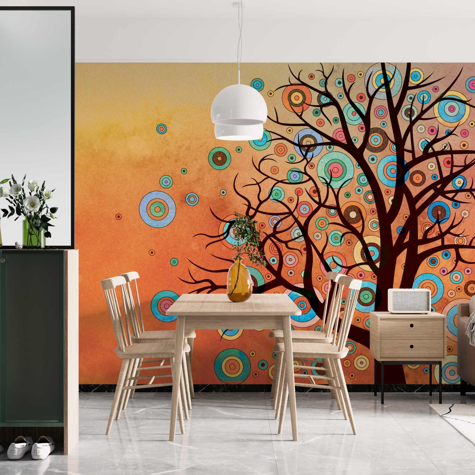 Fotobehang abstracte stijl boom tegen een zonsondergang achtergrond