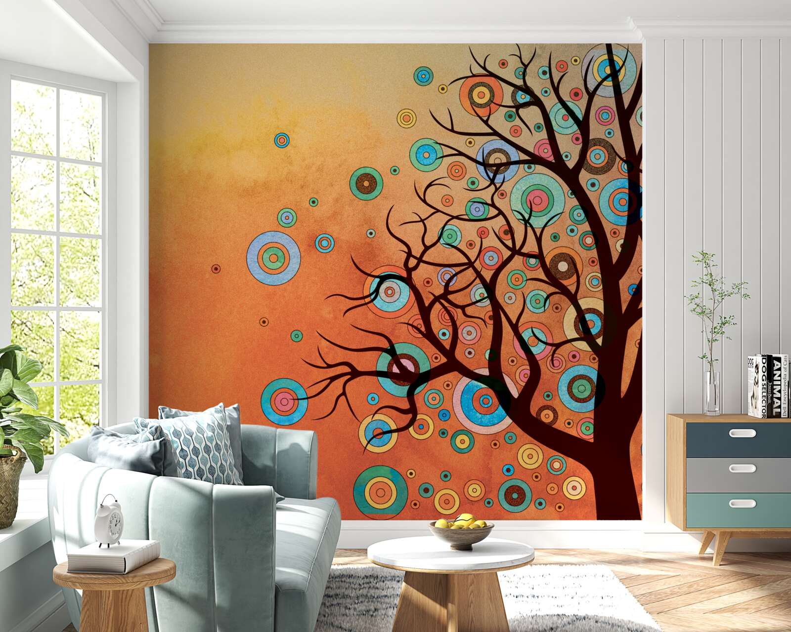 Fotobehang abstracte stijl boom tegen een zonsondergang achtergrond