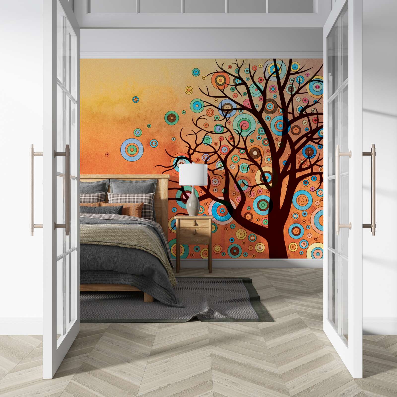 Fotobehang abstracte stijl boom tegen een zonsondergang achtergrond