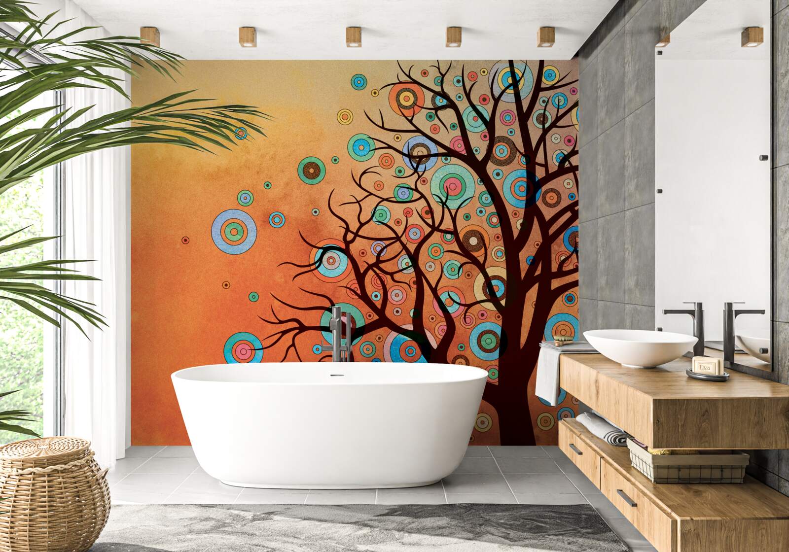 Fotobehang abstracte stijl boom tegen een zonsondergang achtergrond