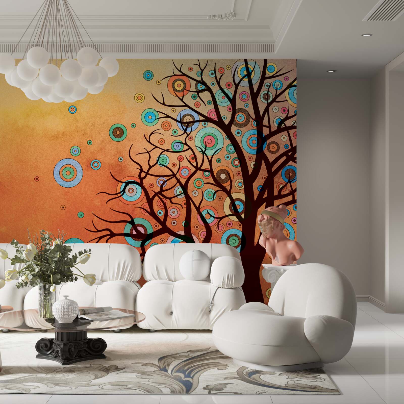 Fotobehang abstracte stijl boom tegen een zonsondergang achtergrond