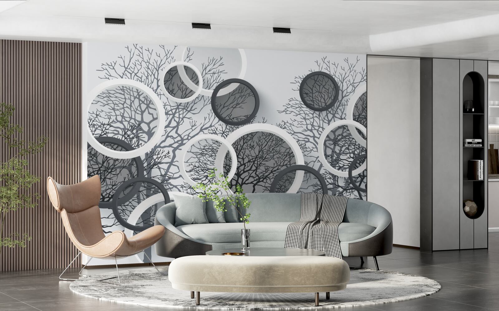 Fotobehang bomen in mist en cirkels