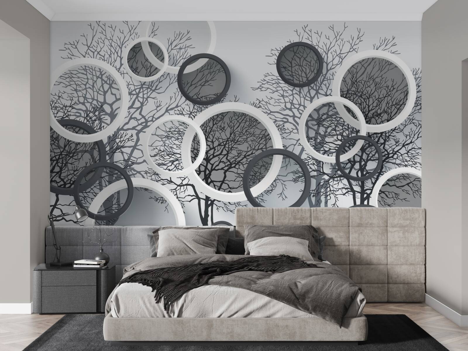 Fotobehang bomen in mist en cirkels