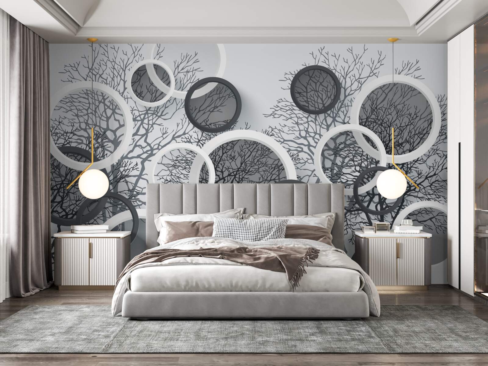 Fotobehang bomen in mist en cirkels