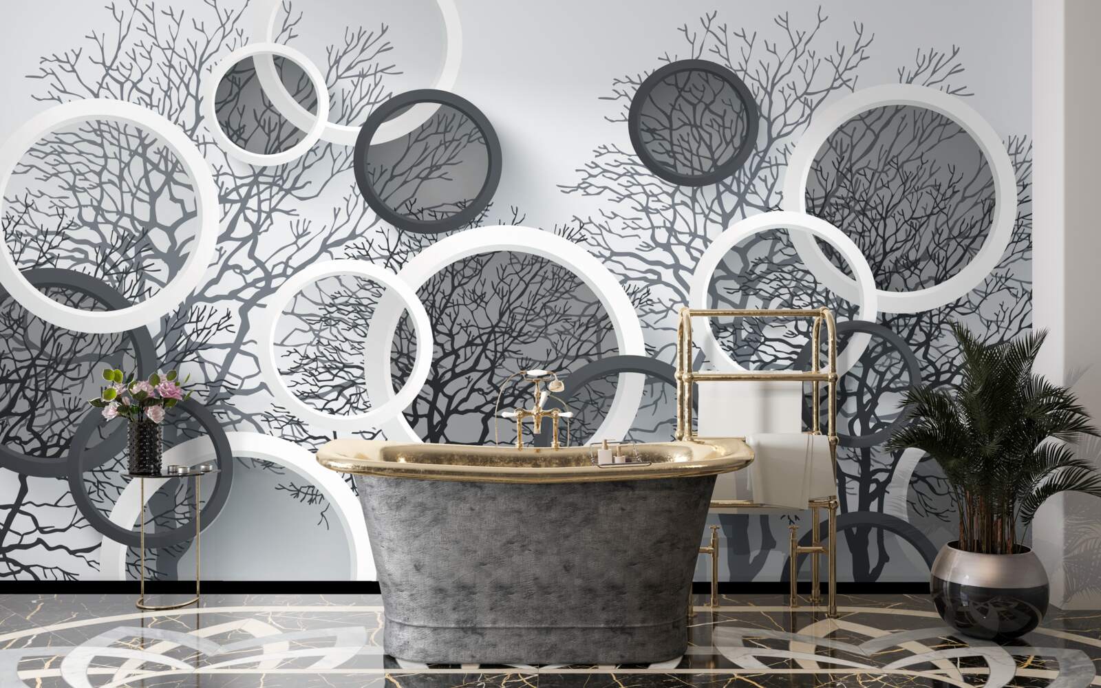 Fotobehang bomen in mist en cirkels