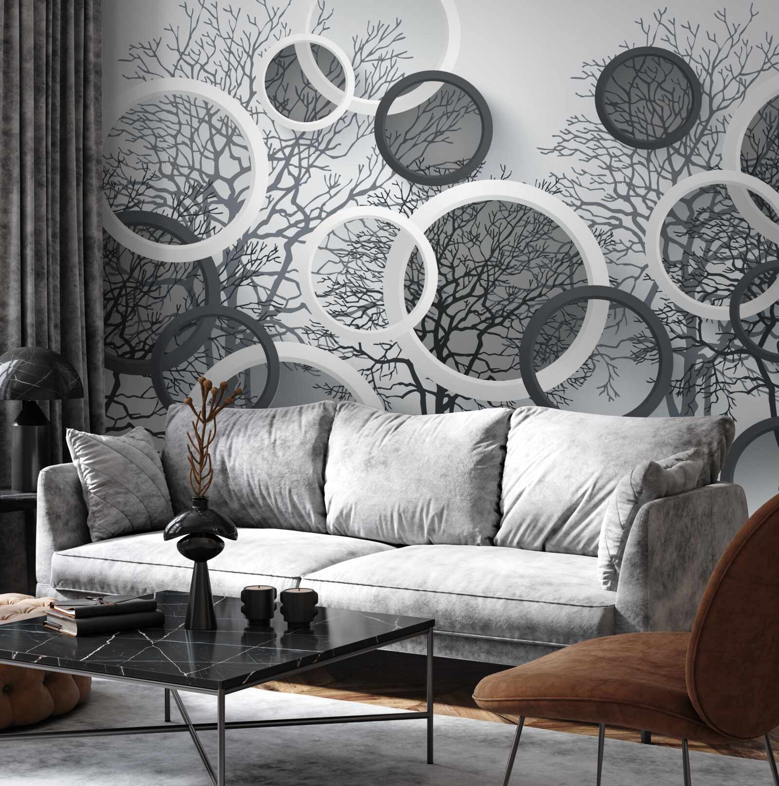 Fotobehang bomen in mist en cirkels