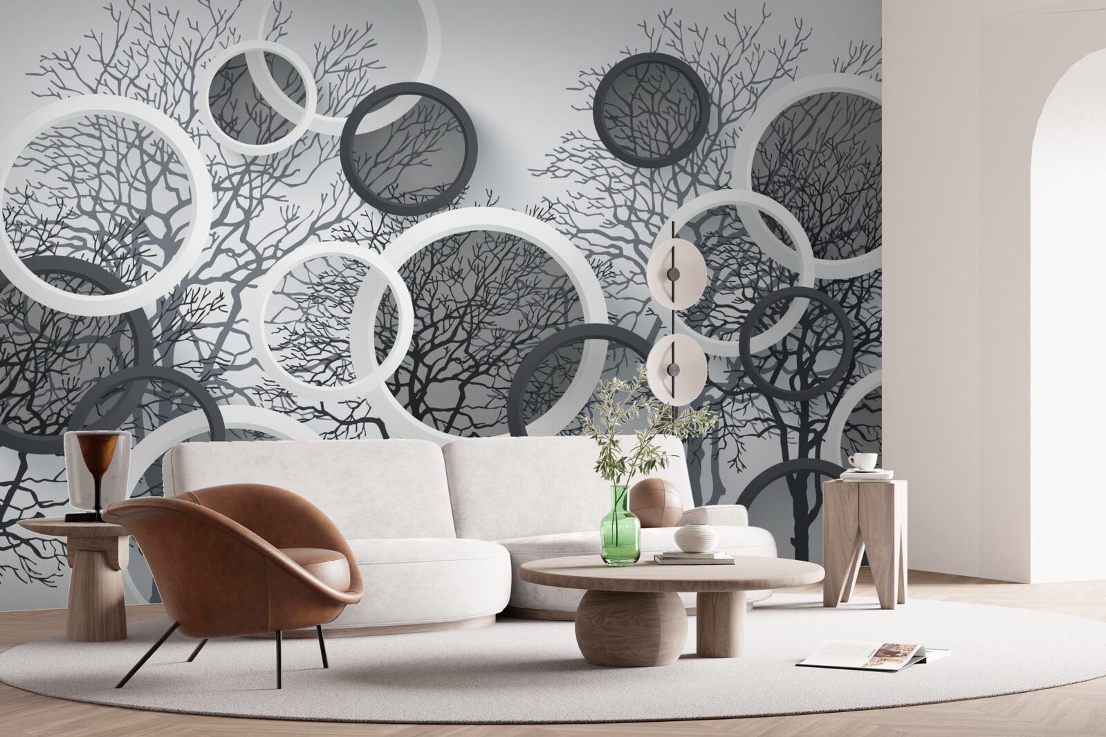 Fotobehang bomen in mist en cirkels