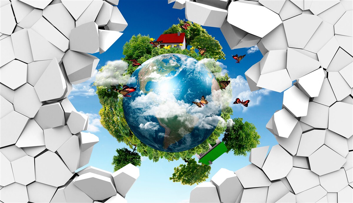 Fotobehang Een muur van steen en een planeet bedekt met groen