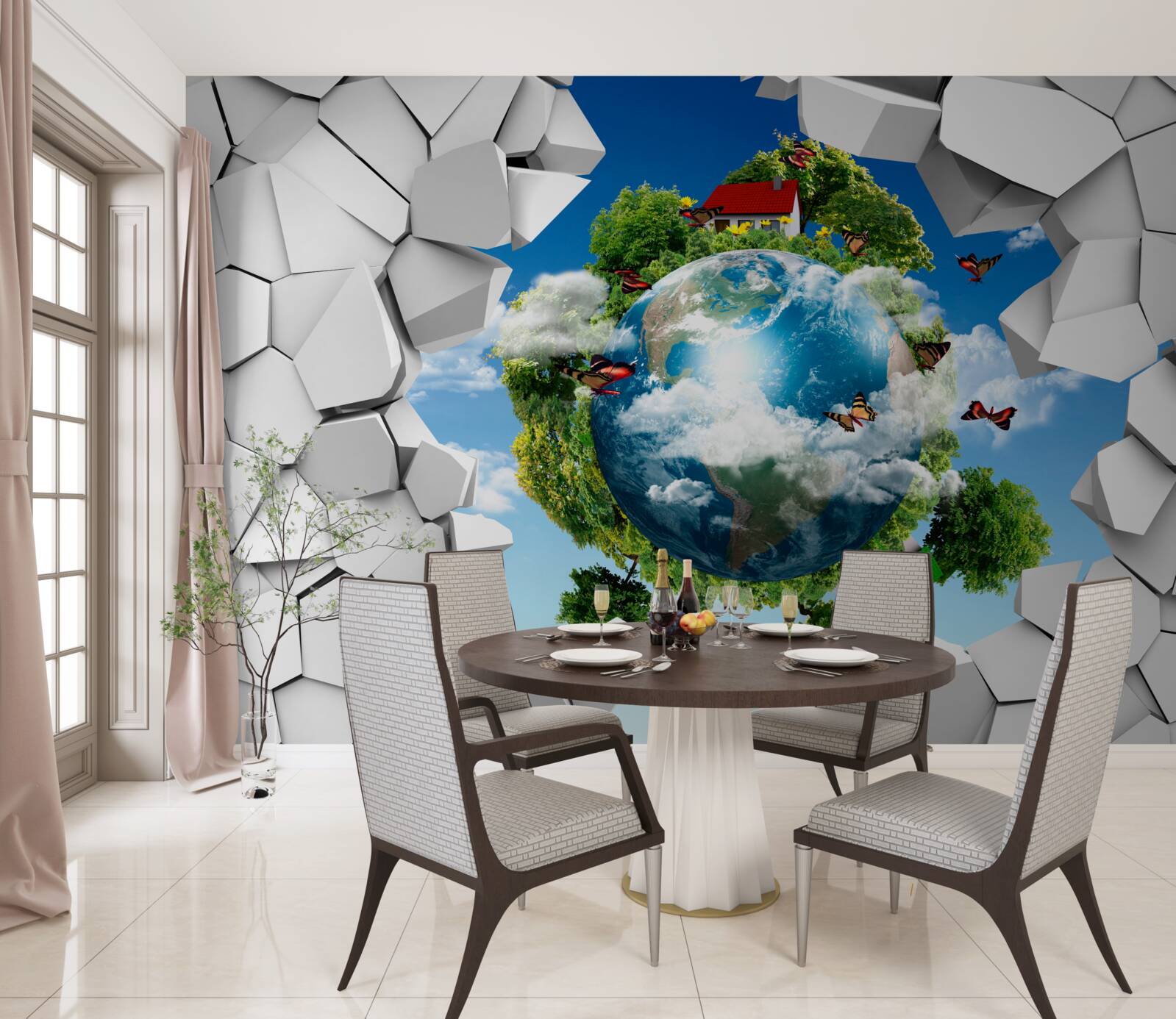 Fotobehang Een muur van steen en een planeet bedekt met groen