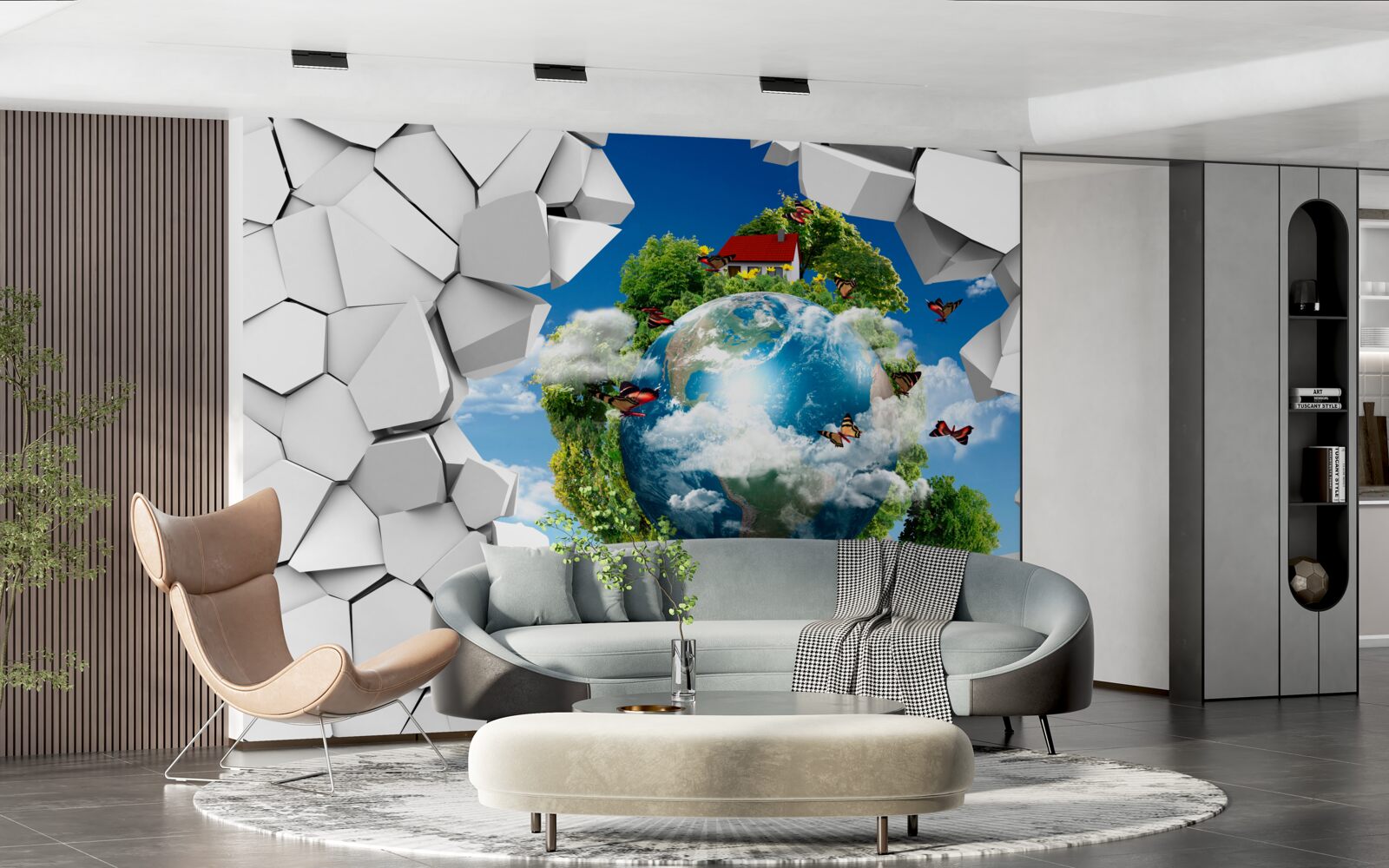 Fotobehang Een muur van steen en een planeet bedekt met groen