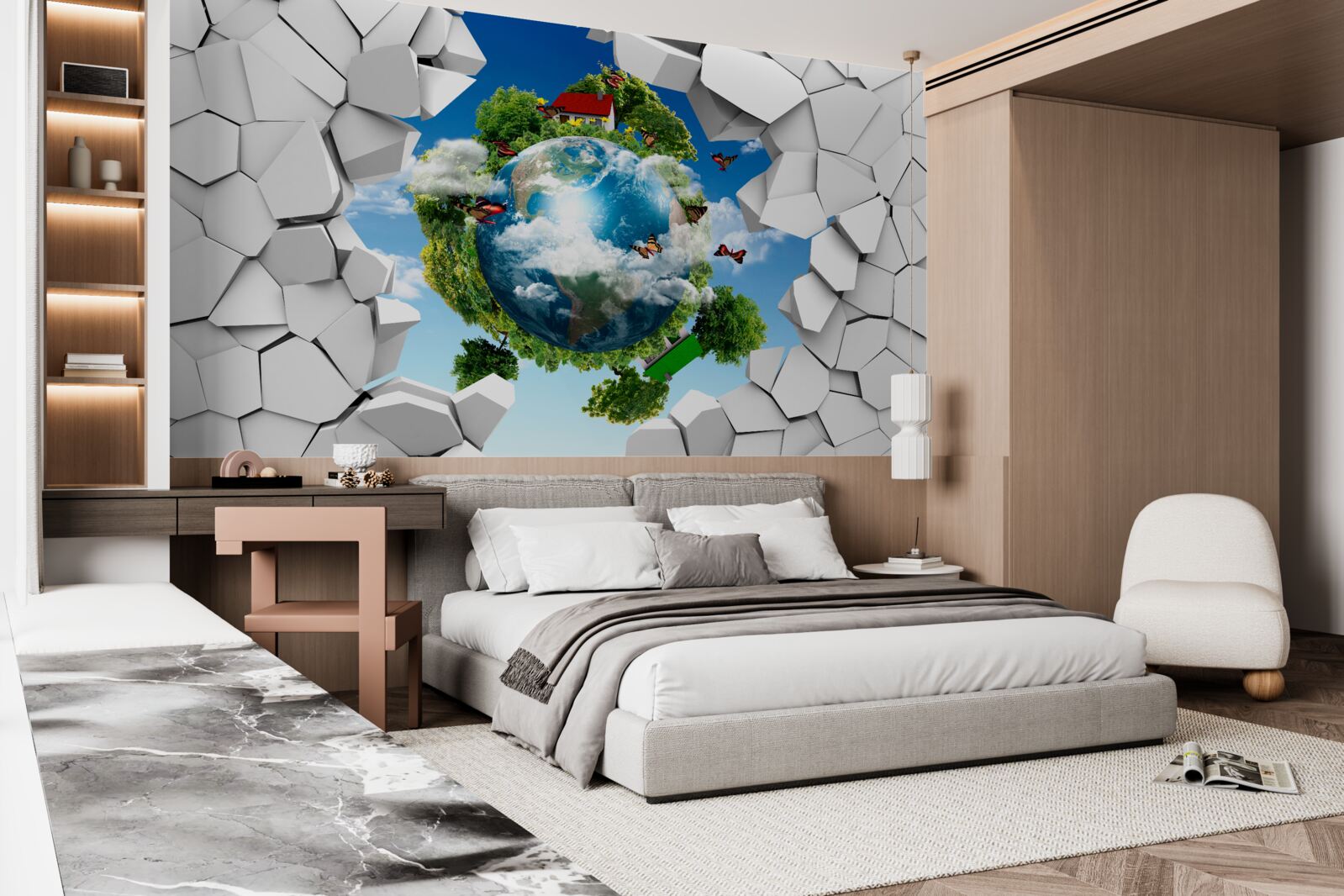 Fotobehang Een muur van steen en een planeet bedekt met groen