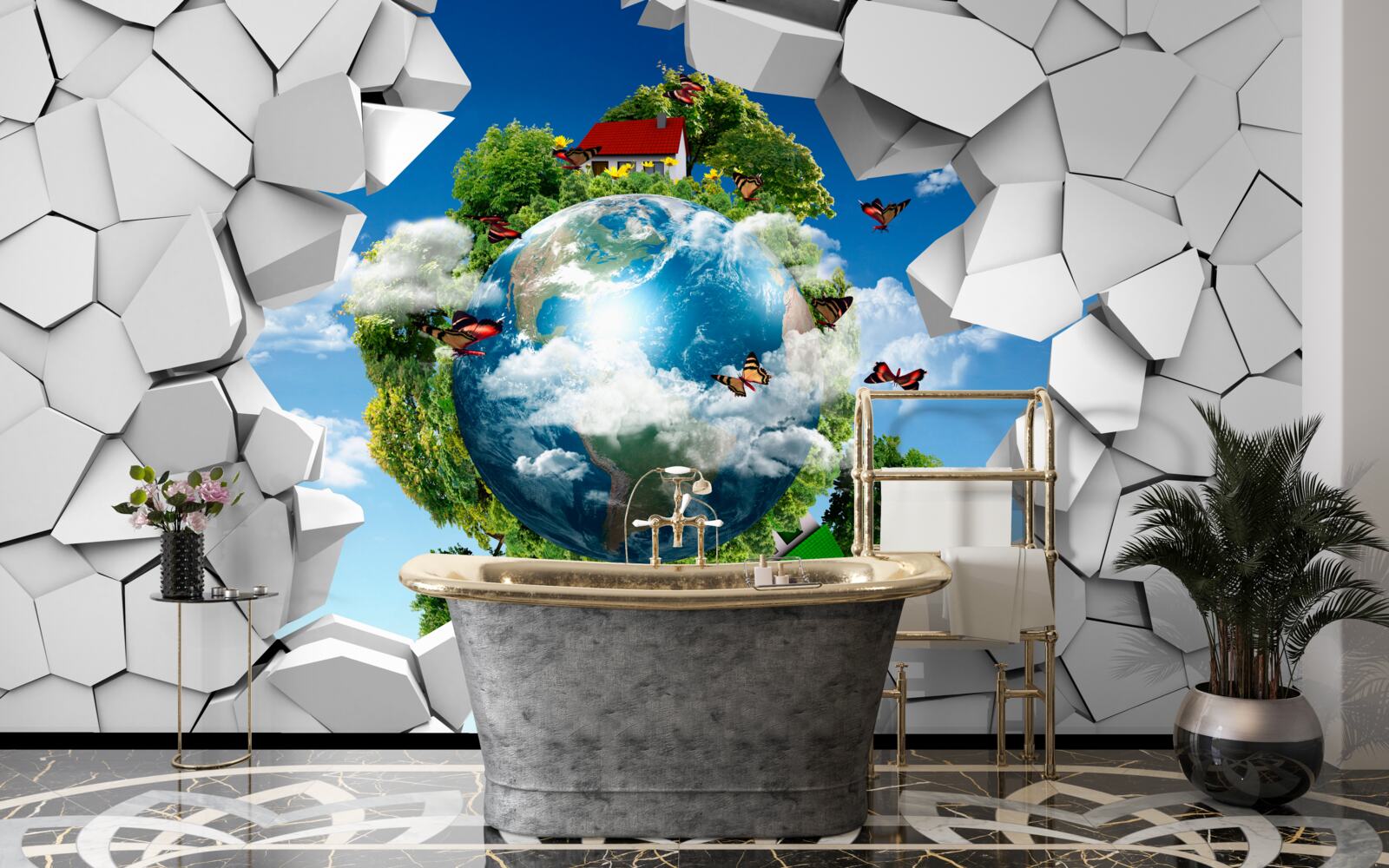 Fotobehang Een muur van steen en een planeet bedekt met groen