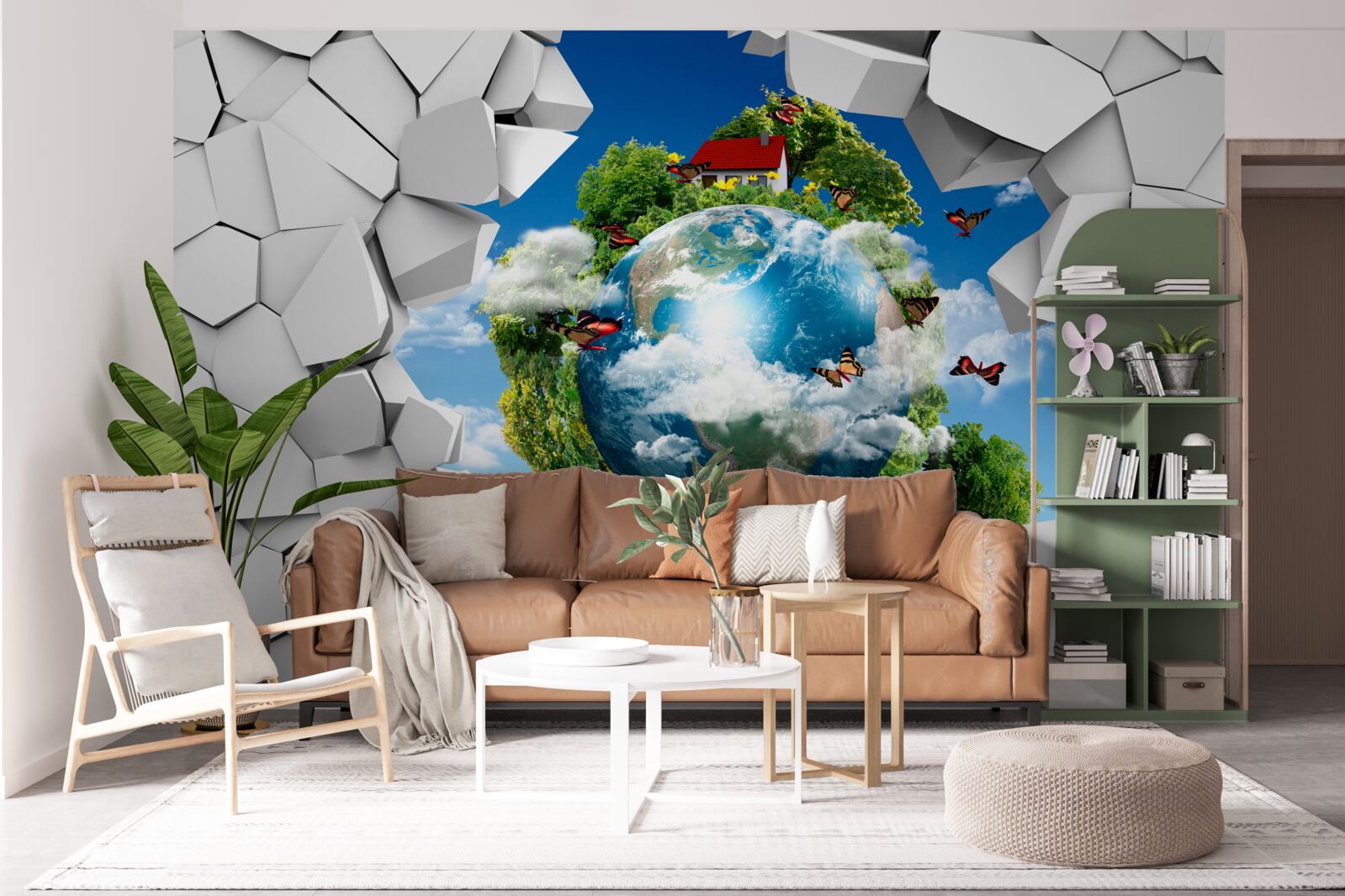 Fotobehang Een muur van steen en een planeet bedekt met groen