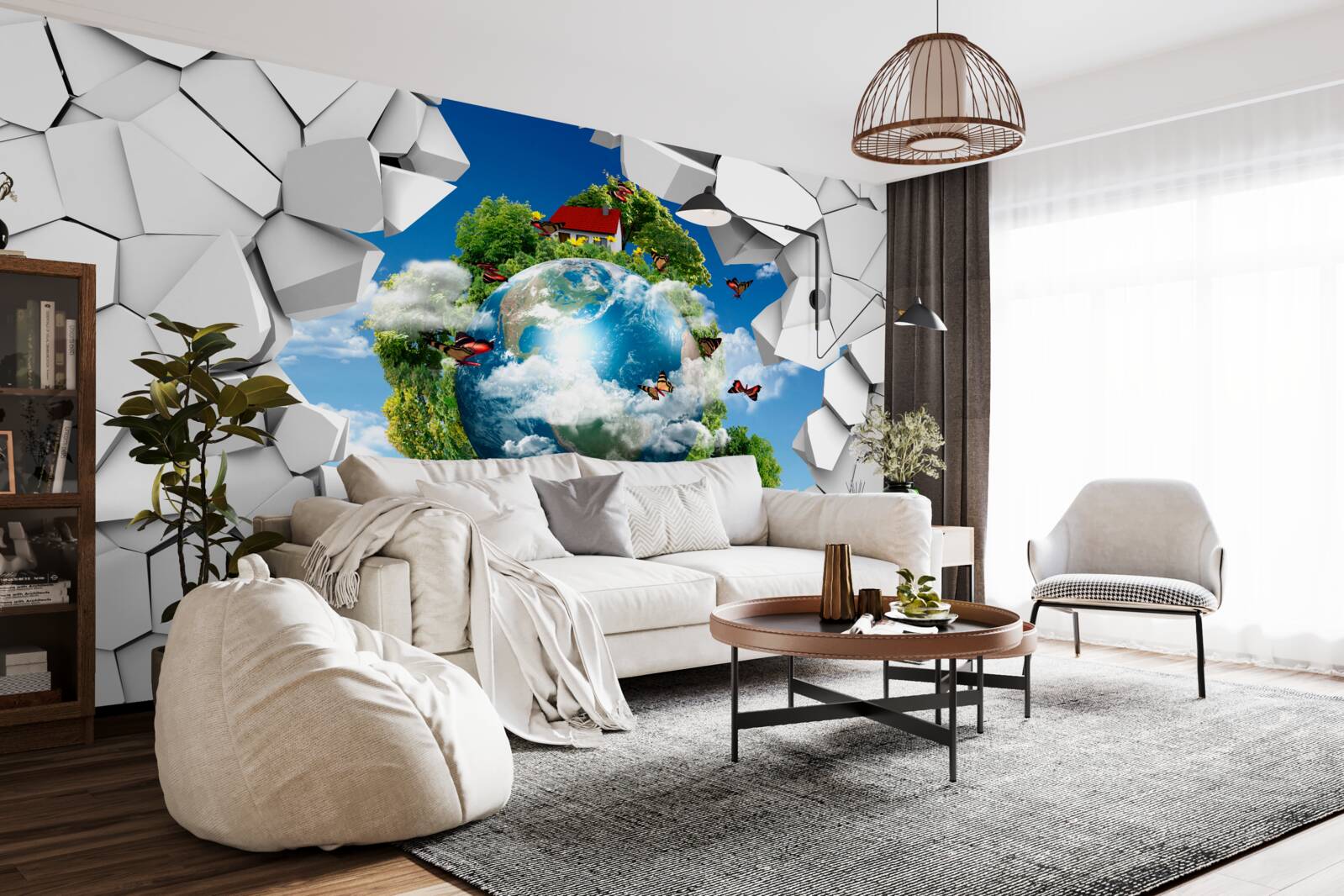 Fotobehang Een muur van steen en een planeet bedekt met groen